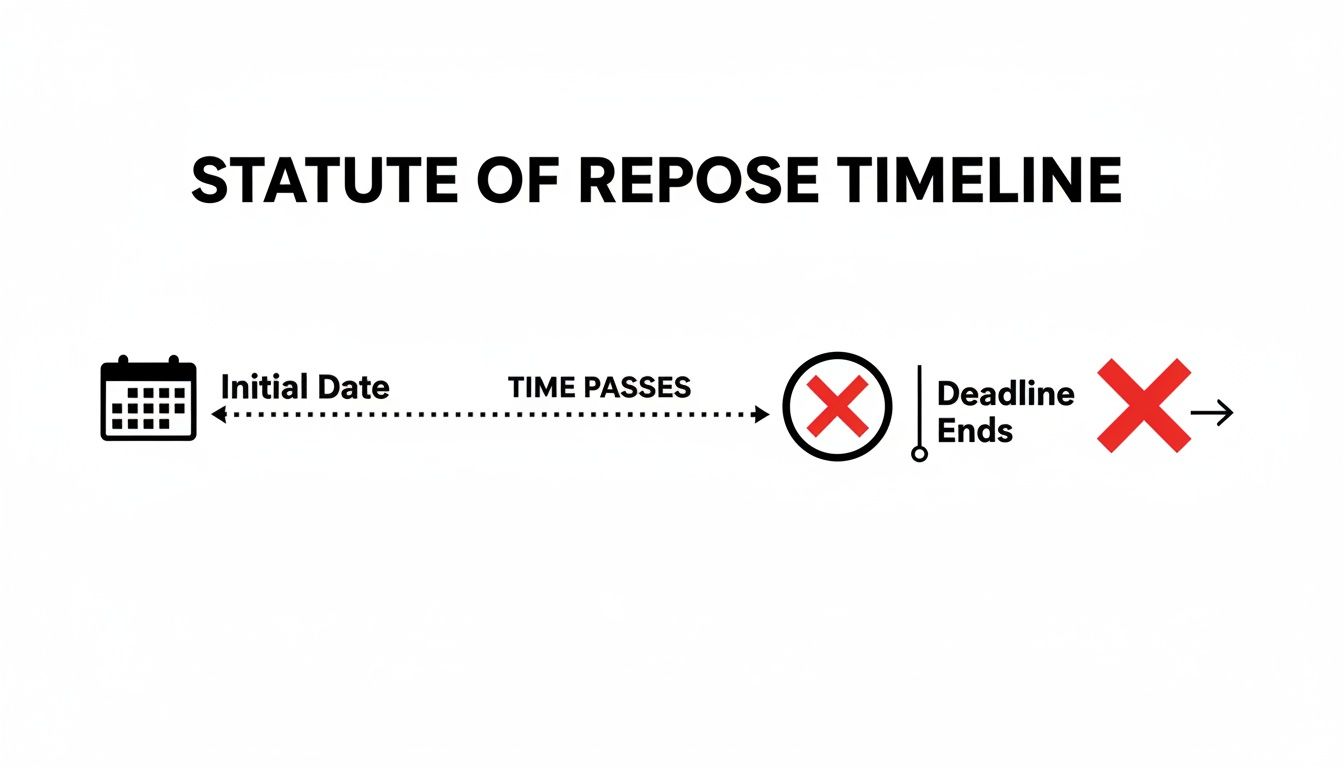 Timeline illustrating a statute of repose, showing an initial date, time passing, and a deadline ending with an 'X'.