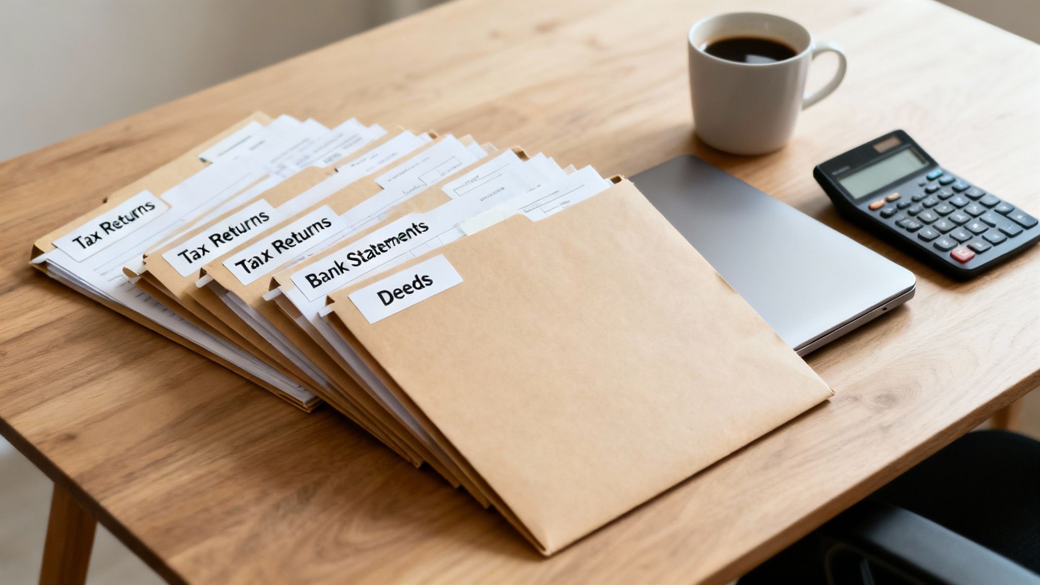A stack of labeled folders for tax returns, bank statements, and deeds on a wooden desk.
