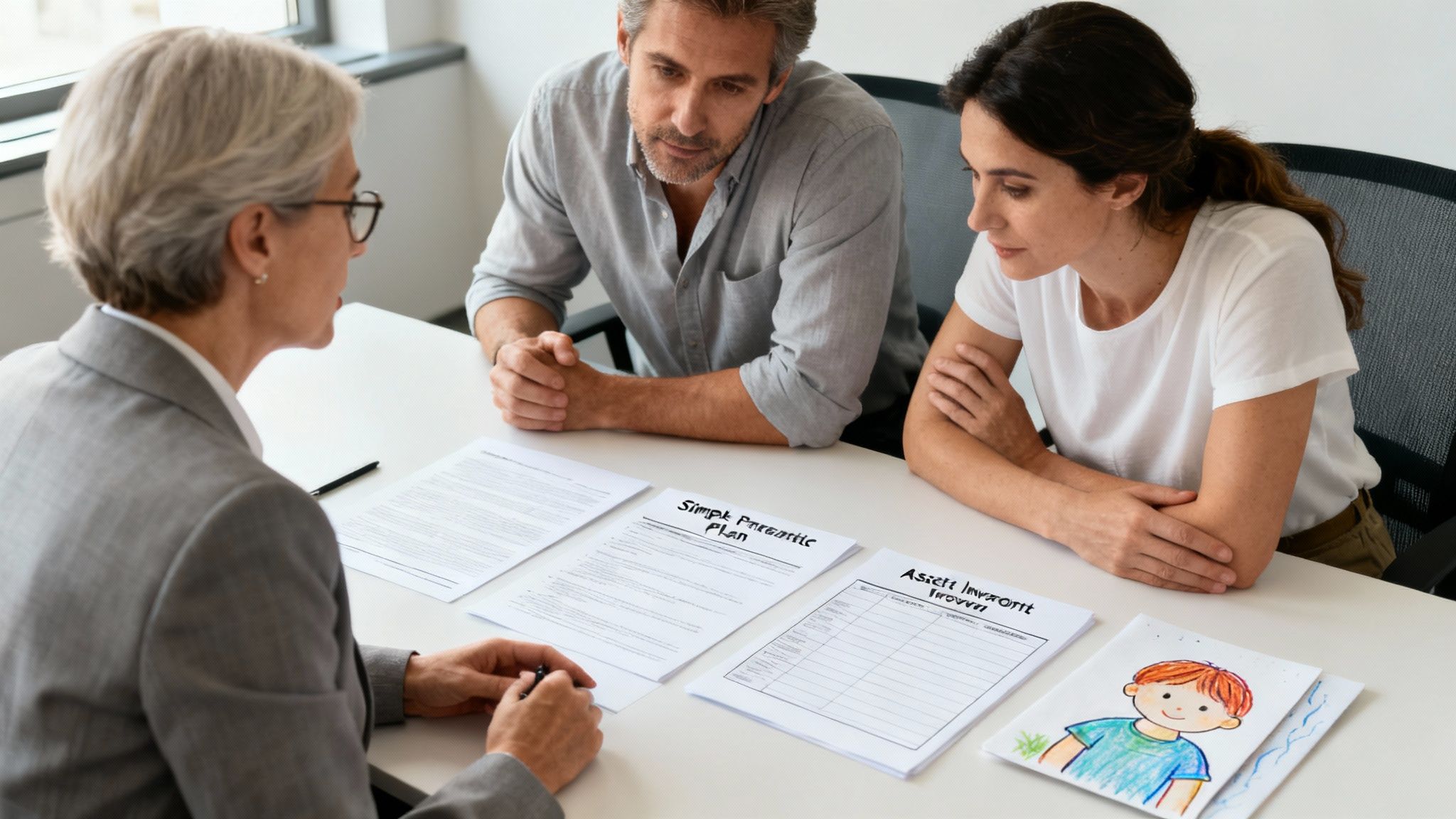 A couple discusses divorce mediation with a professional, reviewing documents about parental plans and assets.