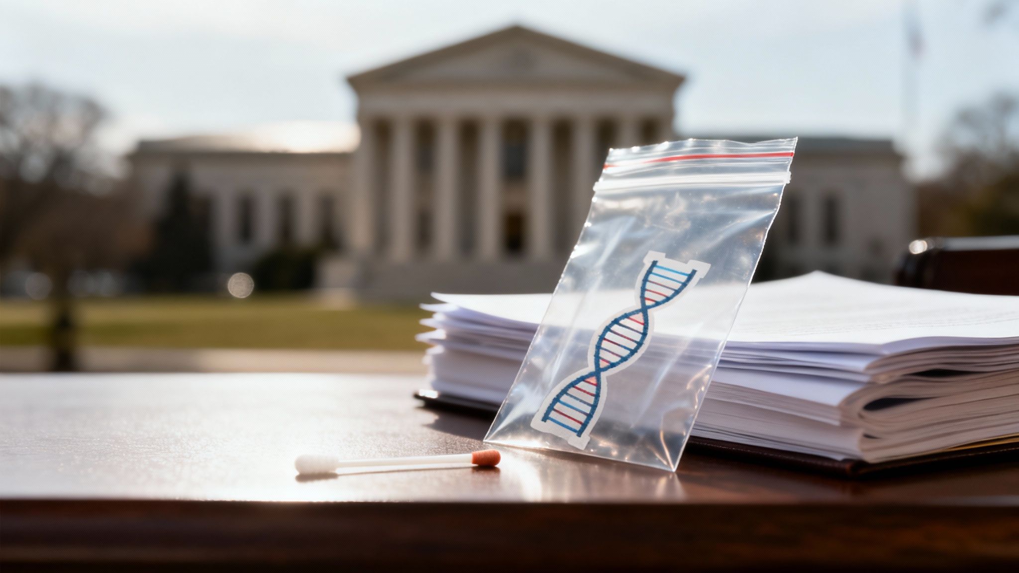 DNA evidence bag and swab on a table, with a courthouse building in the blurred background, symbolizing legal implications.