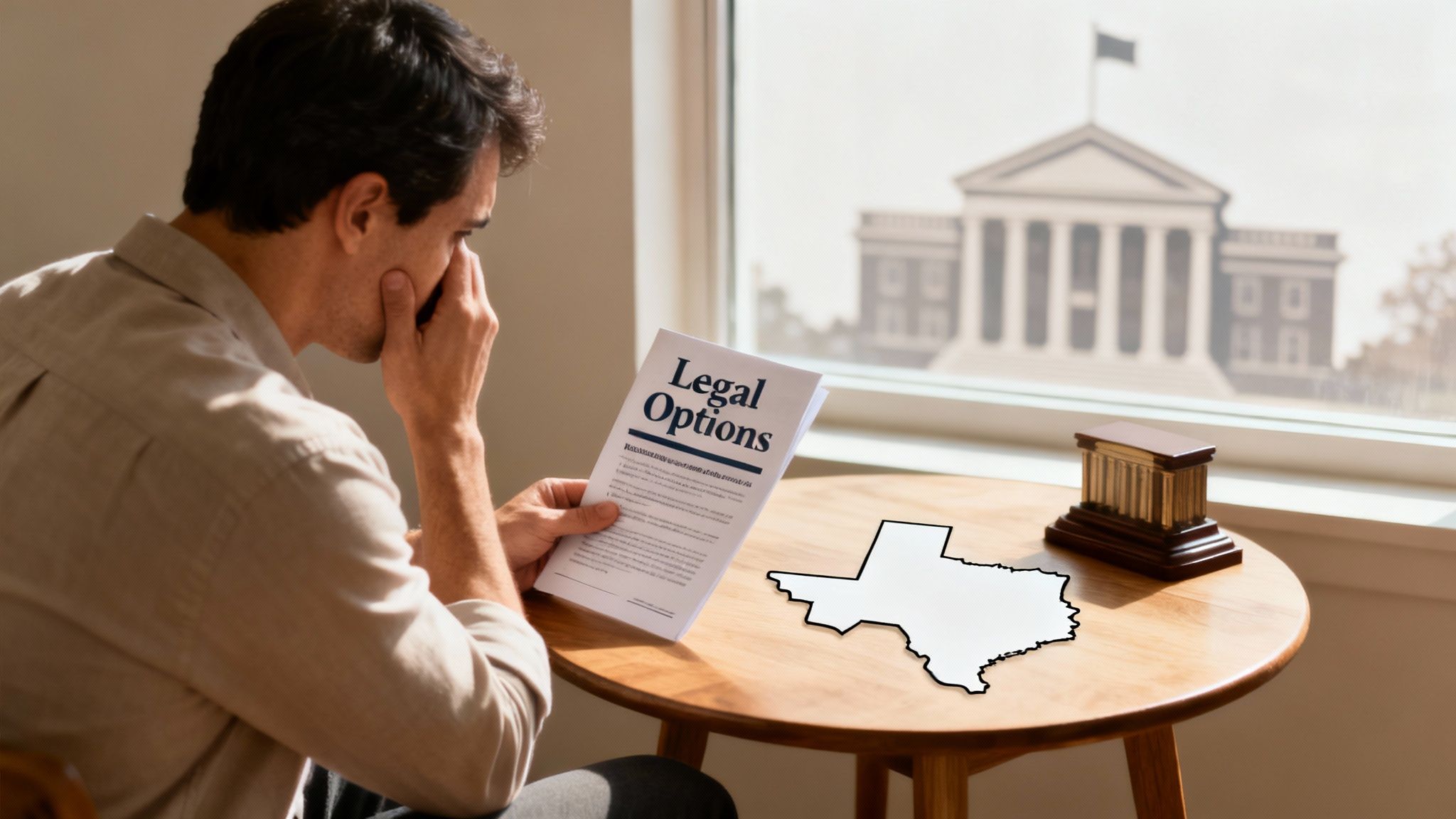 A man contemplates legal options, holding a document, with a Texas map and justice symbol on the table.
