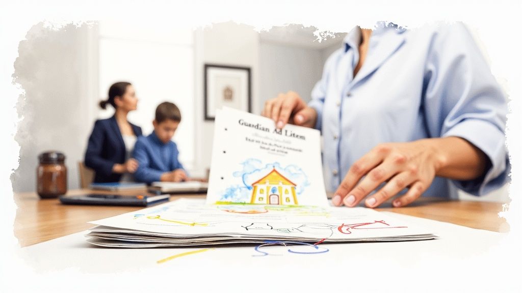 Guardian Ad Litem report with colorful drawings on a table, family members discussing custody matters in a legal setting.