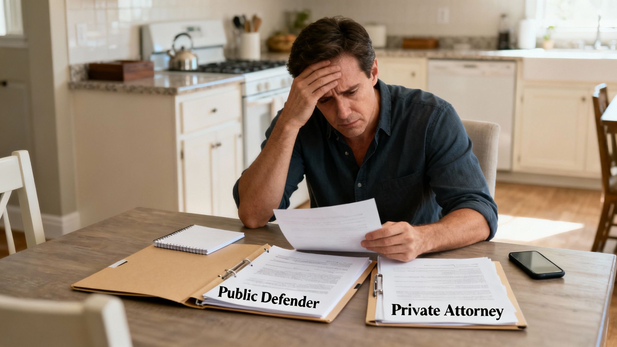 A man looking stressed while comparing legal documents for a public defender and a private attorney.