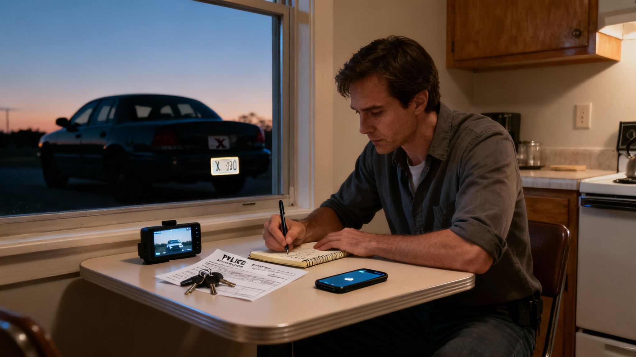 Man writing notes on legal documents at a table, with a police car visible through the window, emphasizing the urgency of taking action after a DWI arrest in Texas.