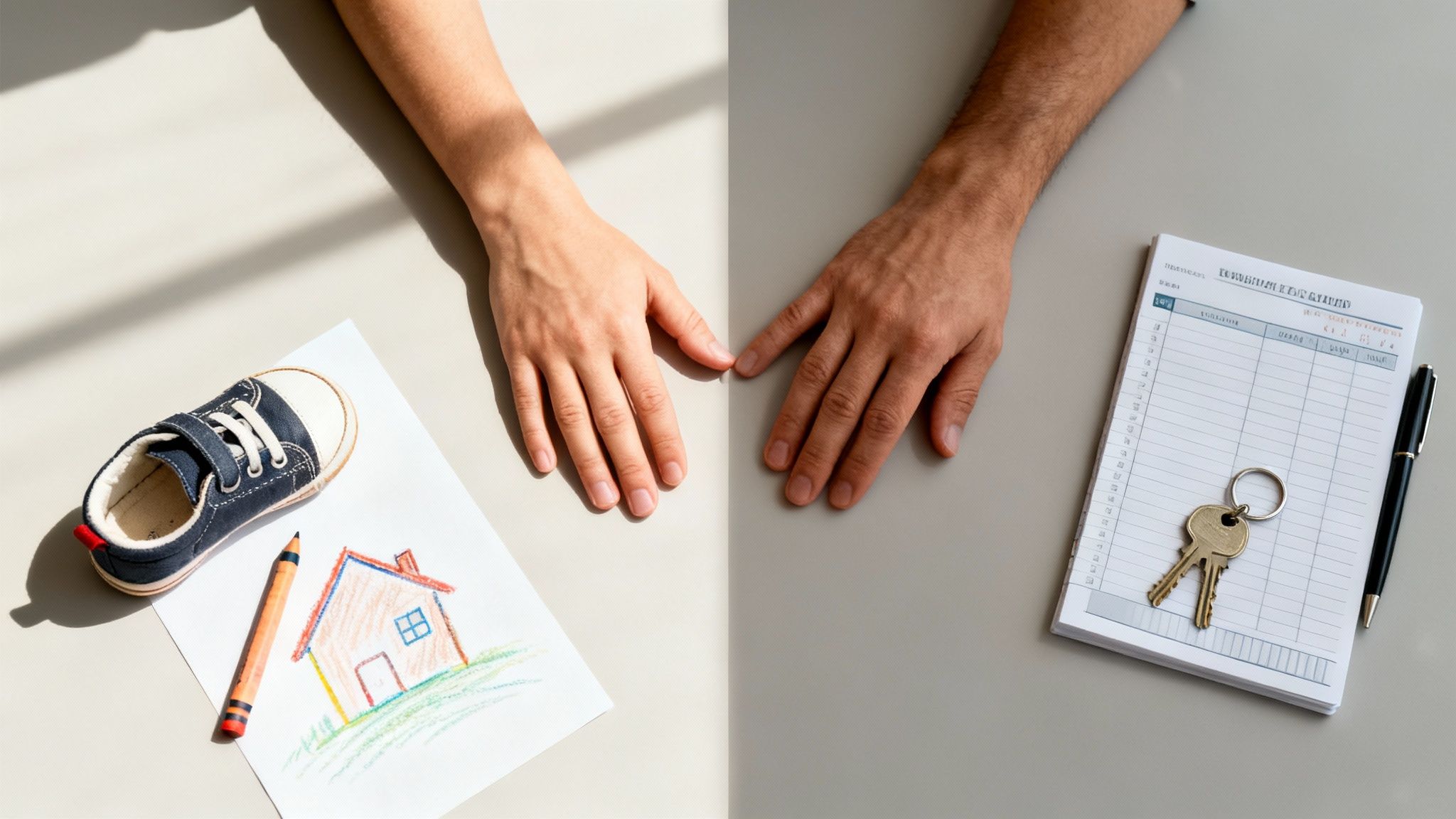 Hands on a divided table, symbolizing divorce; a child's drawing and shoe, and house keys with a notepad.