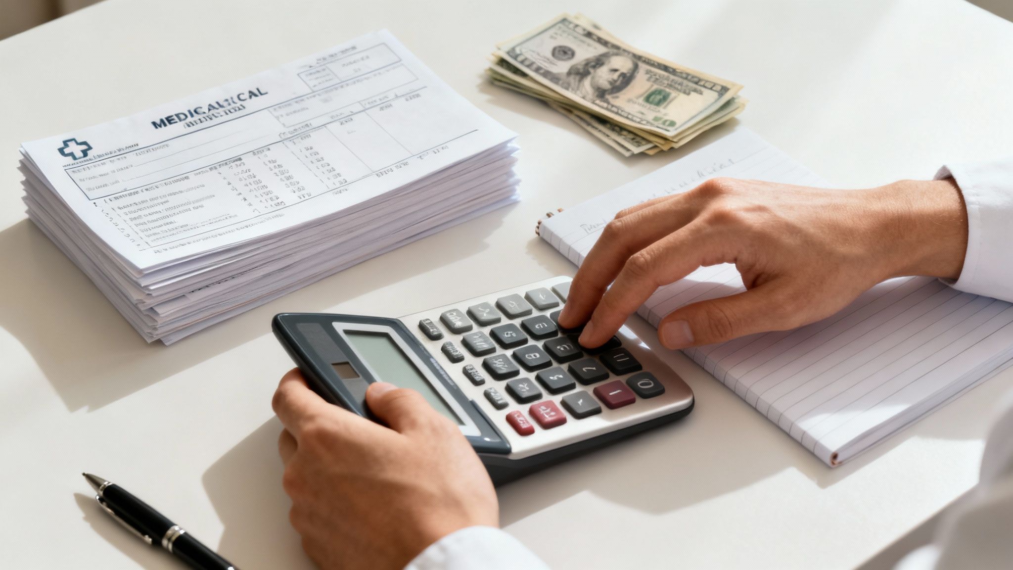A person's hands using a calculator on a desk with medical bills, cash, and a notepad.