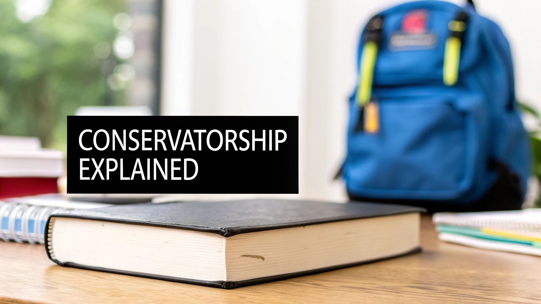 The words 'CONSERVATORSHIP EXPLAINED' in a black box on a student's desk.
