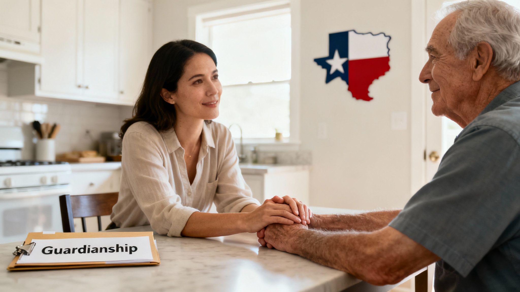 Woman and elderly man discussing guardianship at kitchen table, with "Guardianship" document visible and Texas state outline on wall.