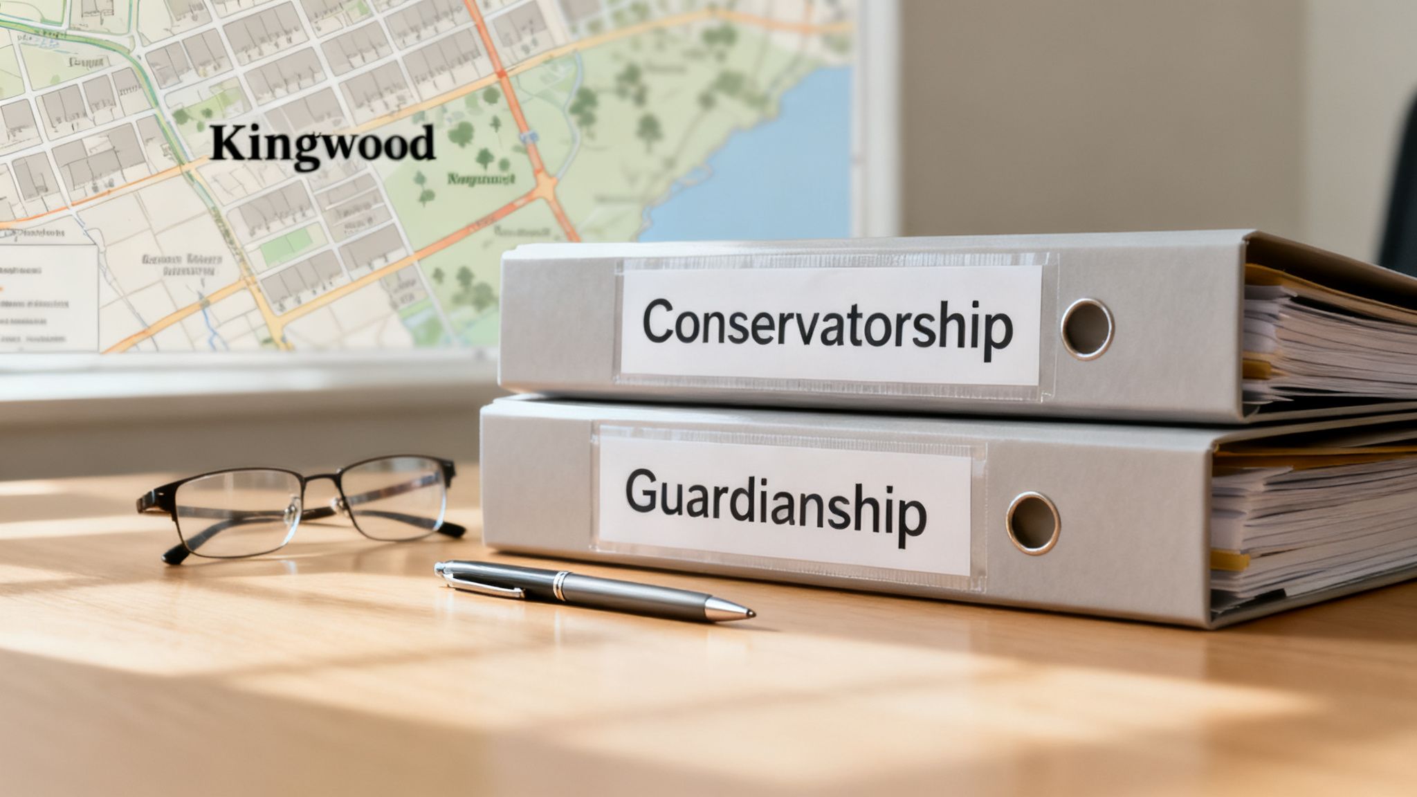 Two binders, 'Conservatorship' and 'Guardianship', on a desk with a map of Kingwood.