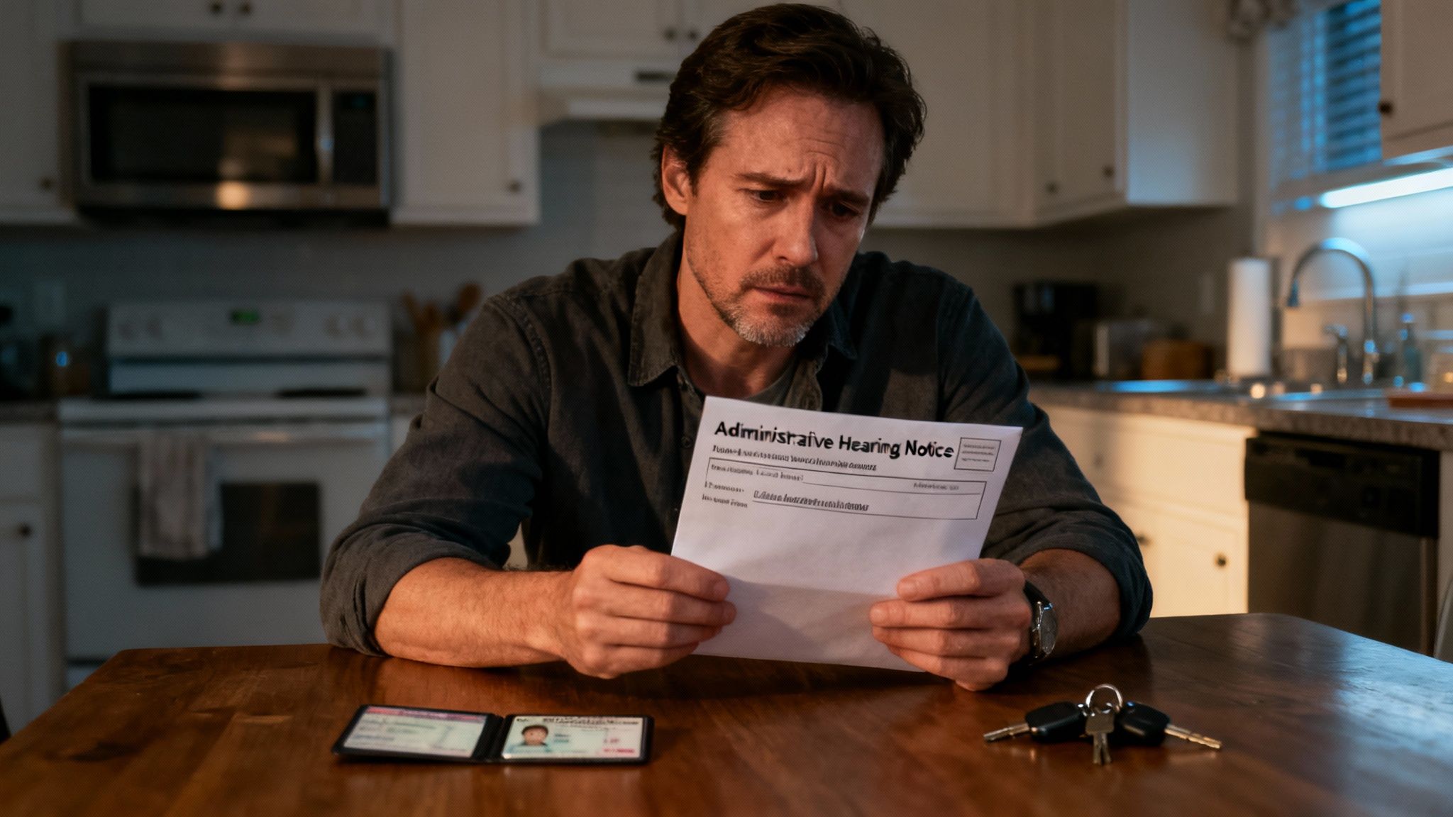 Man reading an Administrative Hearing Notice at a kitchen table, with driver's license and car keys visible, reflecting the urgency of DWI-related legal processes in Texas.