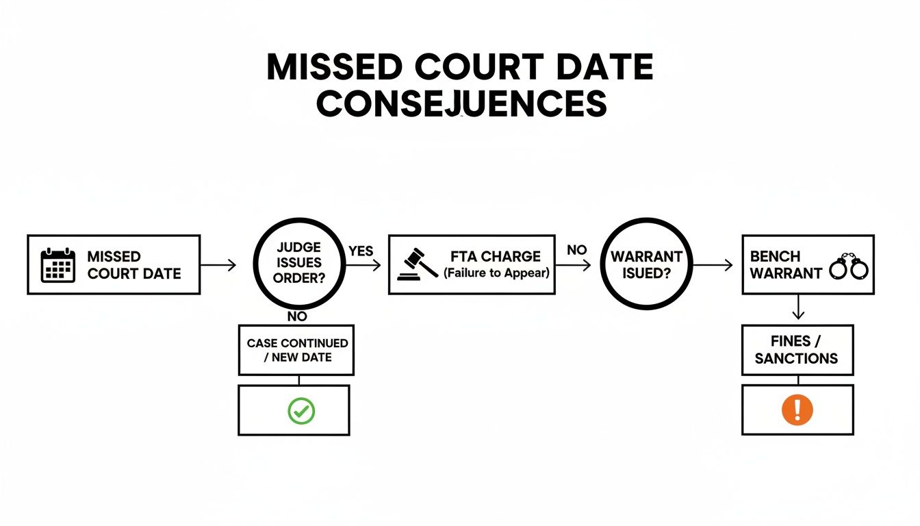Flowchart illustrating the potential consequences of missing a court date, from FTA charges to bench warrants and fines.