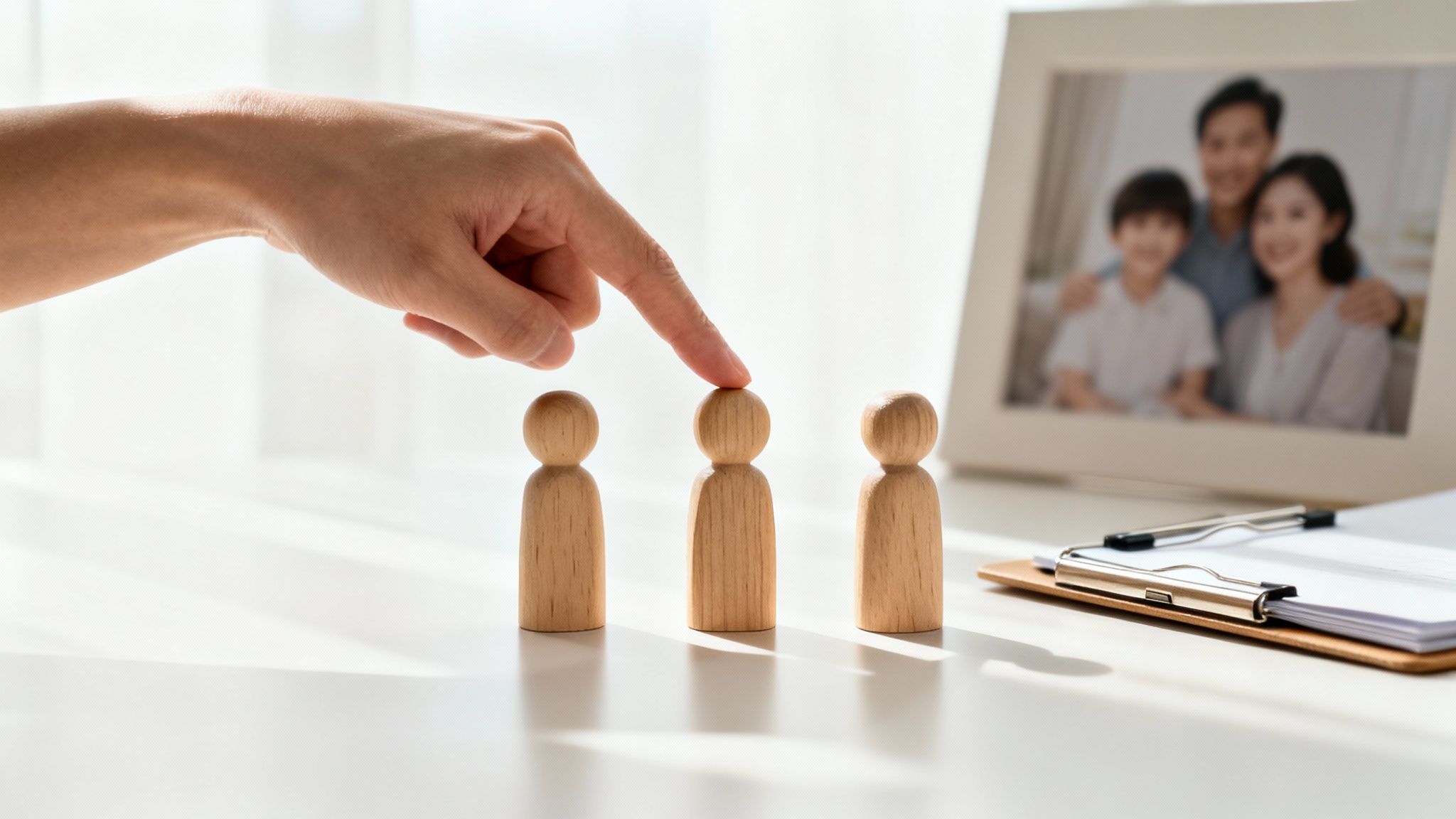 Hand pointing at wooden figurine in a lineup, symbolizing selection of agent for power of attorney, with family photo and estate planning documents in background.