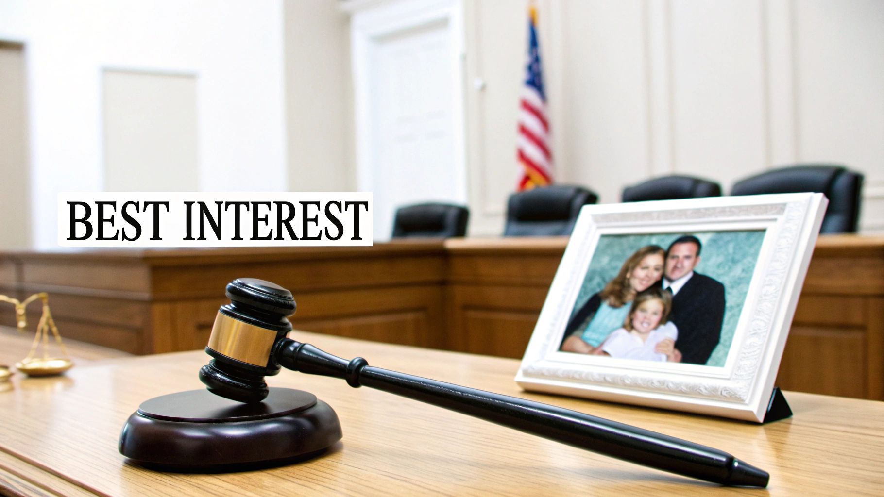 A judge's gavel and a family photo on a courtroom desk, with "BEST INTEREST" text.