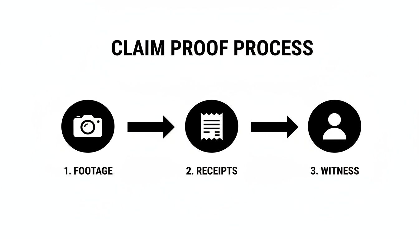A simple infographic showing the claim proof process with three steps: footage, receipts, and witness, represented by icons.