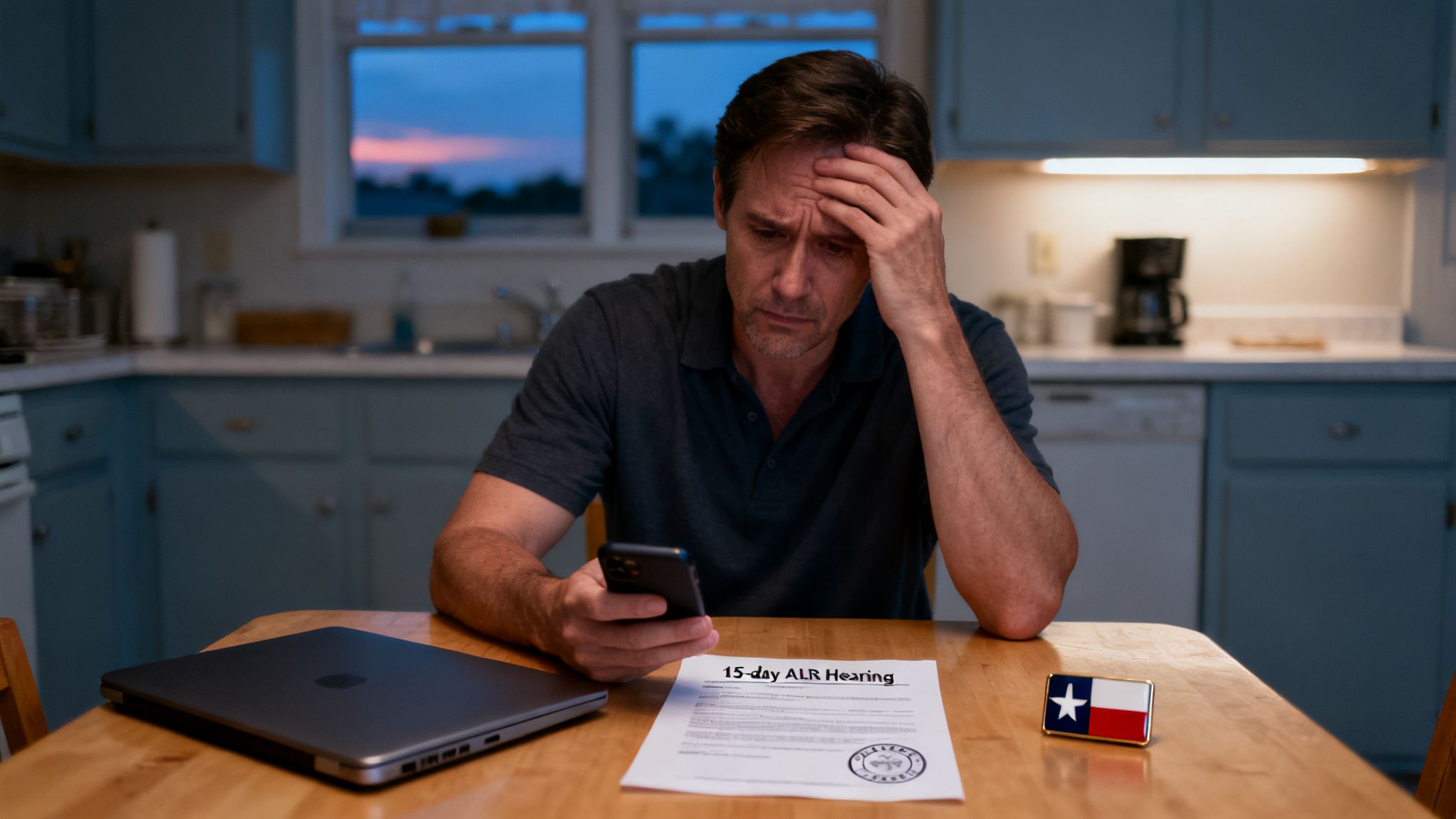 A distressed man at a kitchen table holds his phone, a 15-day ALR Hearing document and a Texas flag nearby.