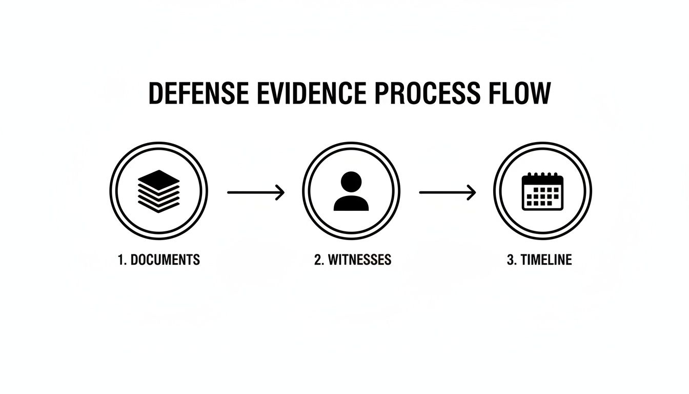 A flowchart outlining the defense evidence process, detailing steps for documents, witnesses, and timeline.