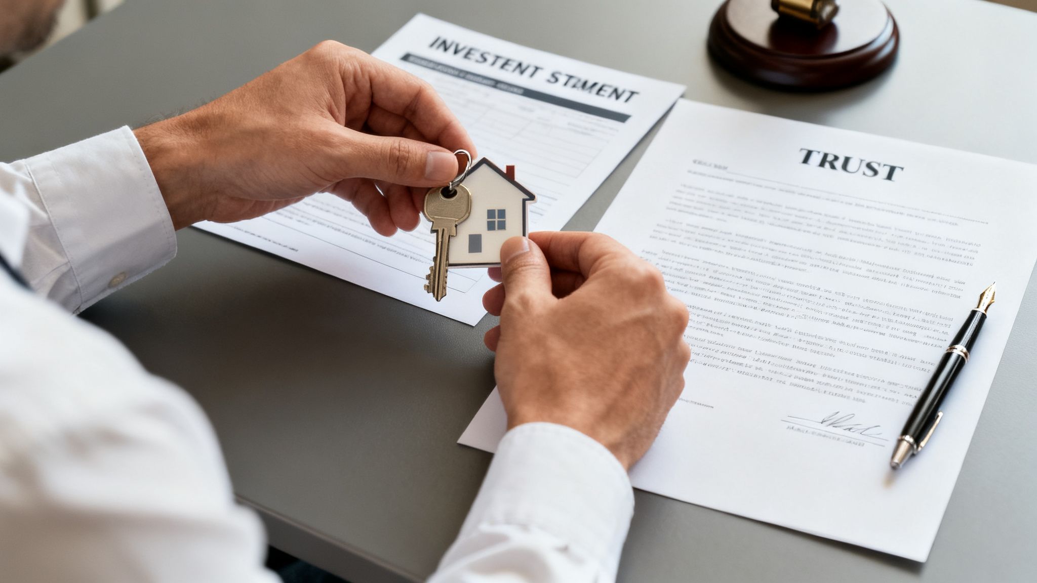 A person's hands hold a house key, with investment and trust documents on a table.