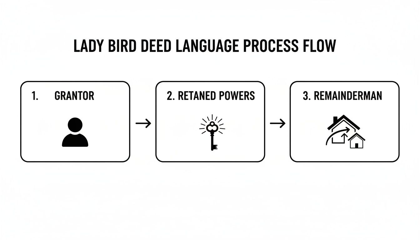 Flowchart explaining the Lady Bird Deed process: Grantor (person icon), Retained Powers (key icon), and Remainderman (houses icon).