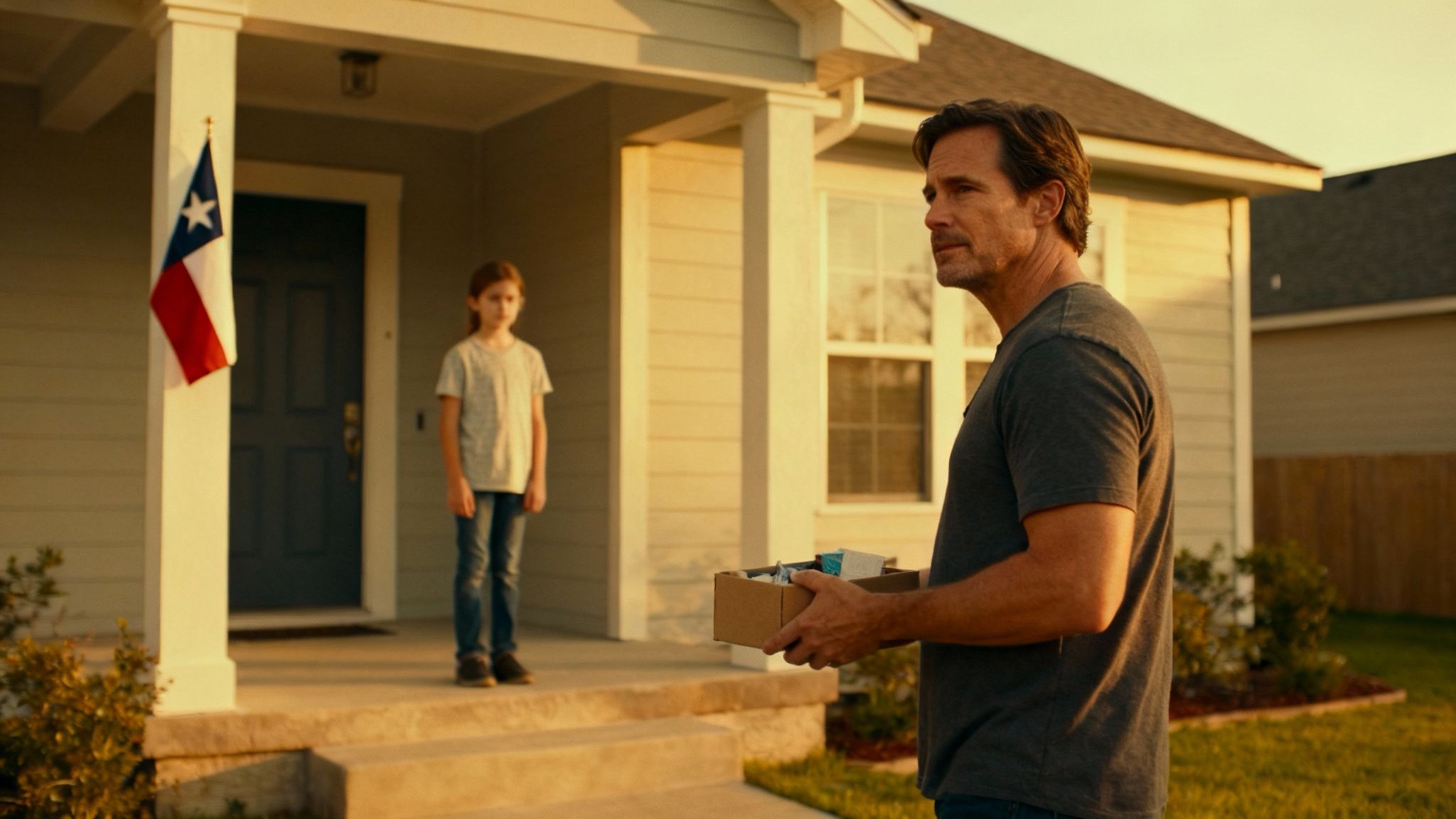 A man holds a box while looking away from a young girl on a house porch.