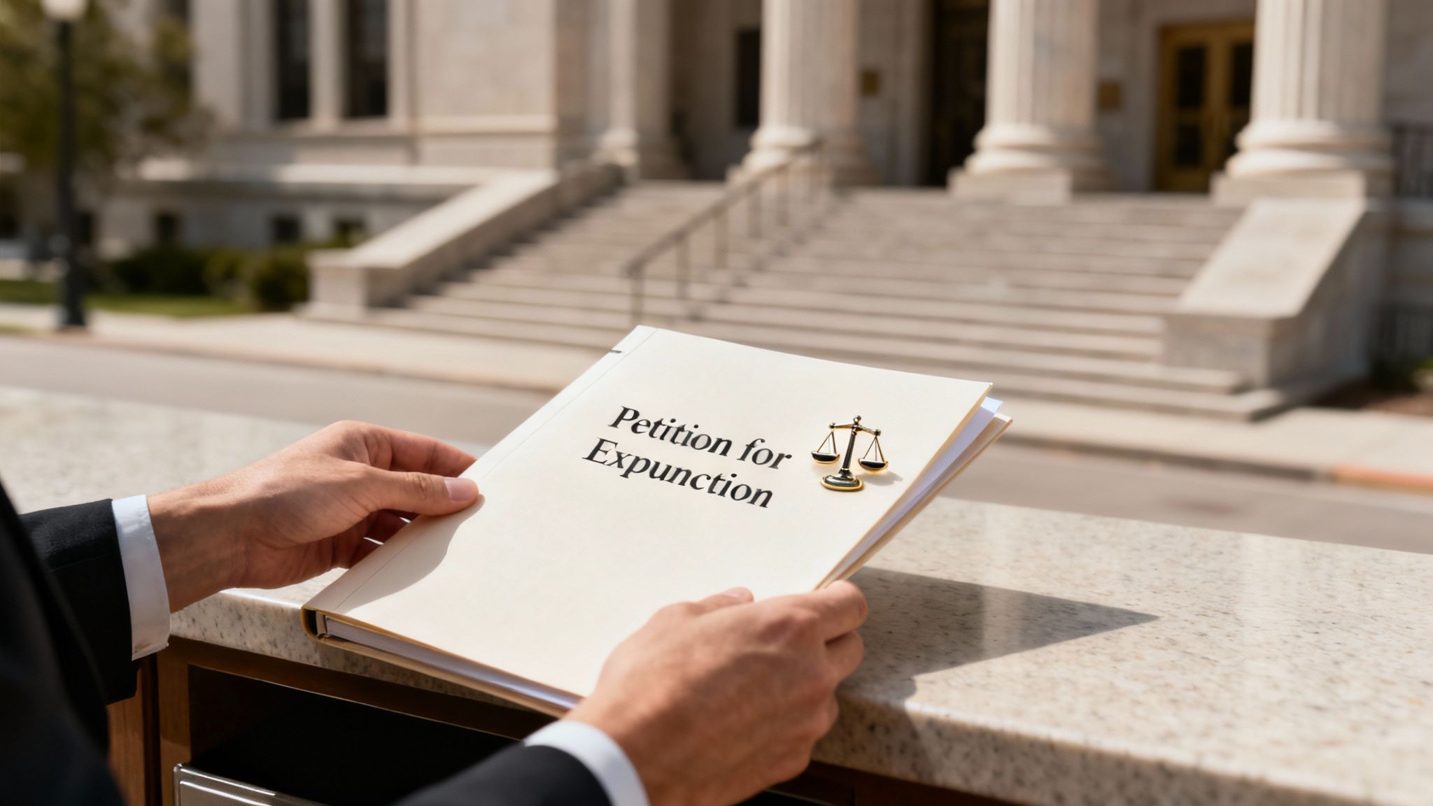 A person signing legal documents at a desk
