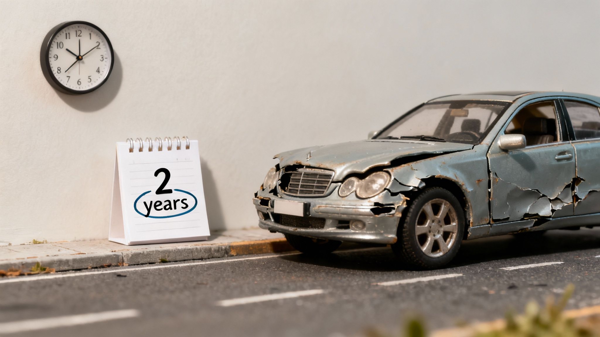 Miniature scene with a heavily damaged car, a calendar showing '2 years', and a wall clock.