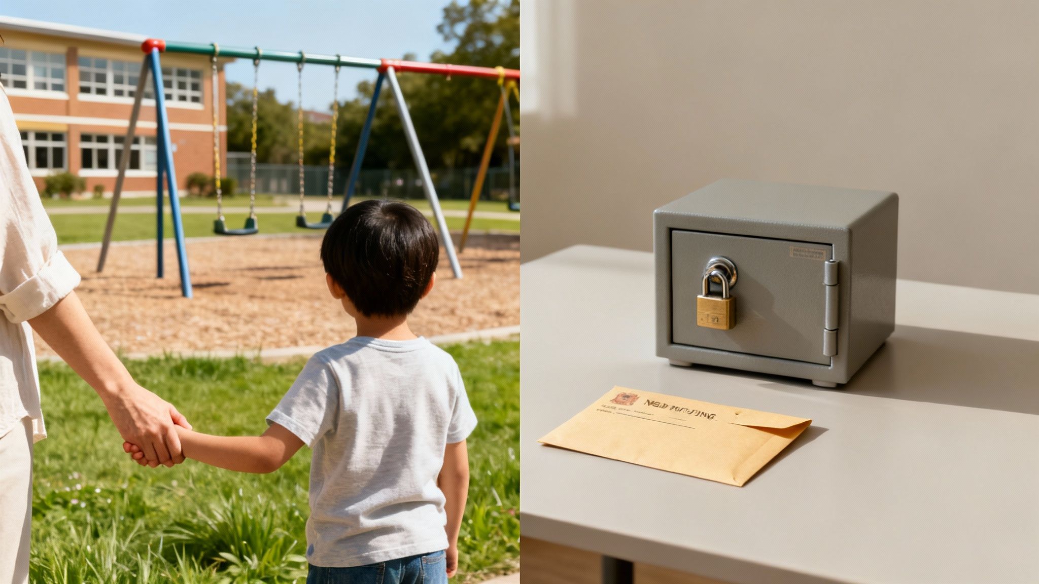 Child holding an adult's hand in a playground, symbolizing guardianship and care, alongside a locked safe with an envelope, representing financial responsibility and asset management in guardianship cases in Texas.