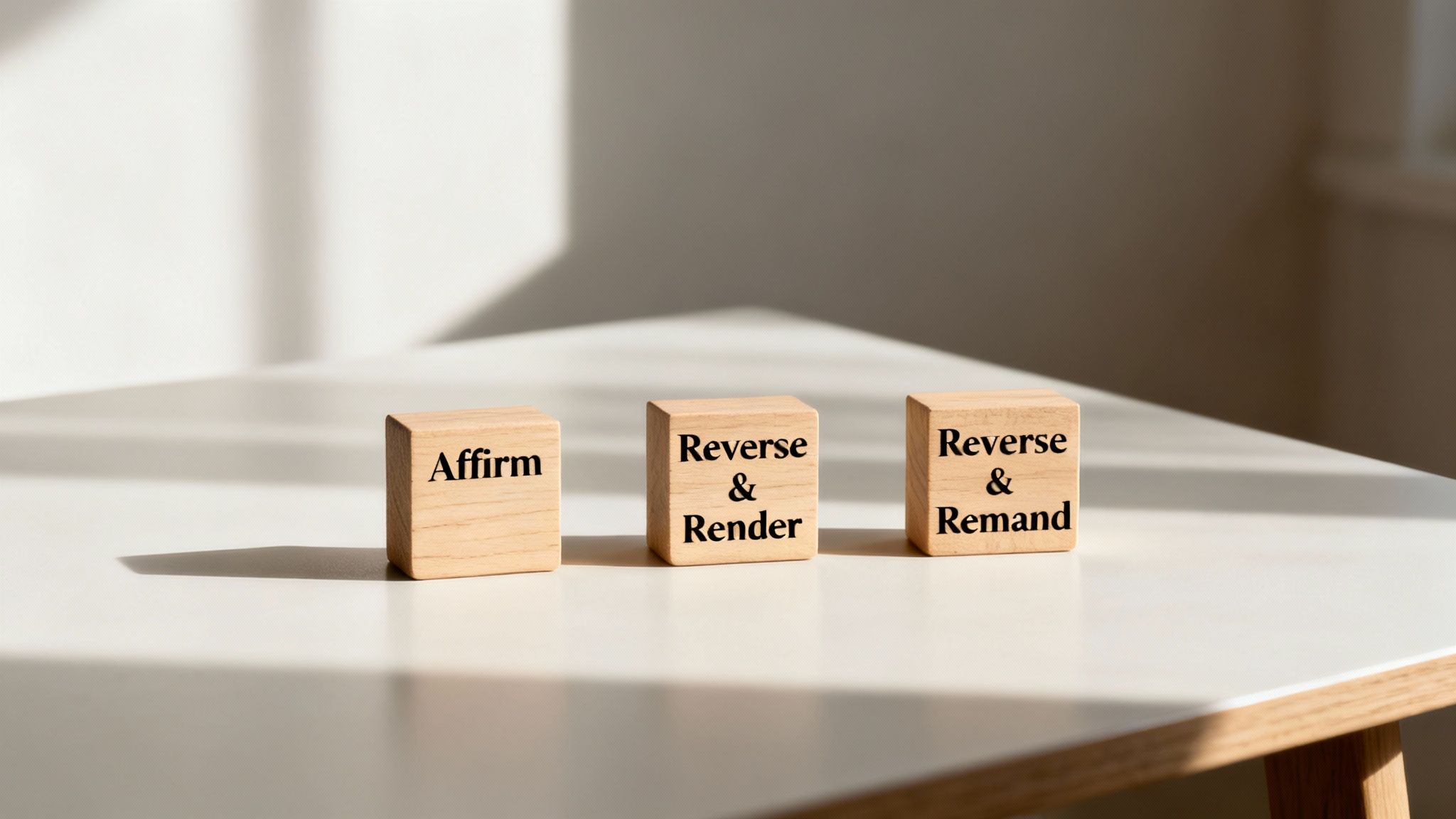 Three wooden blocks on a table display legal terms: Affirm, Reverse & Render, Reverse & Remand.