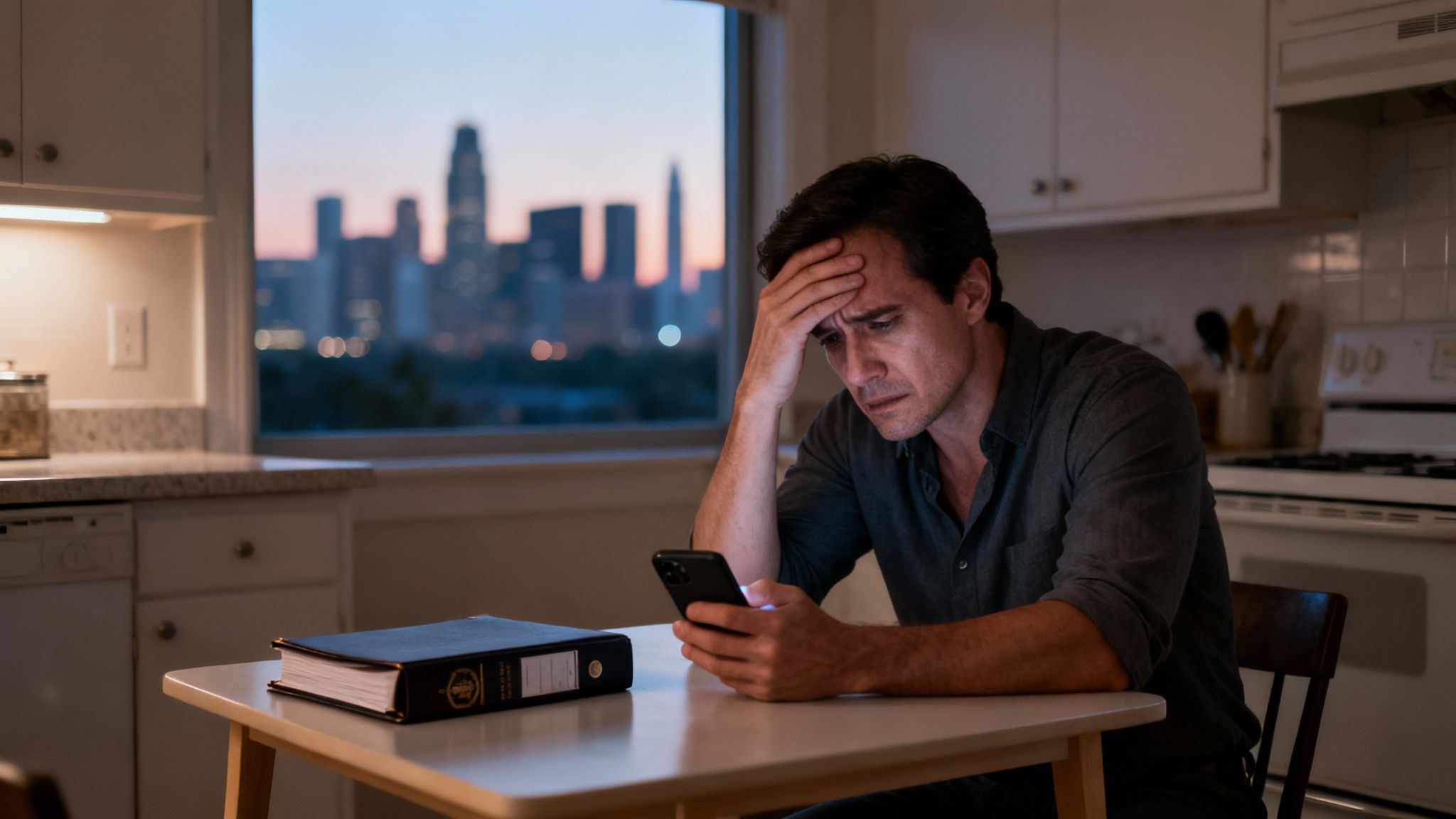 A worried man reviews his phone with a large legal book on a table, city lights at dusk.