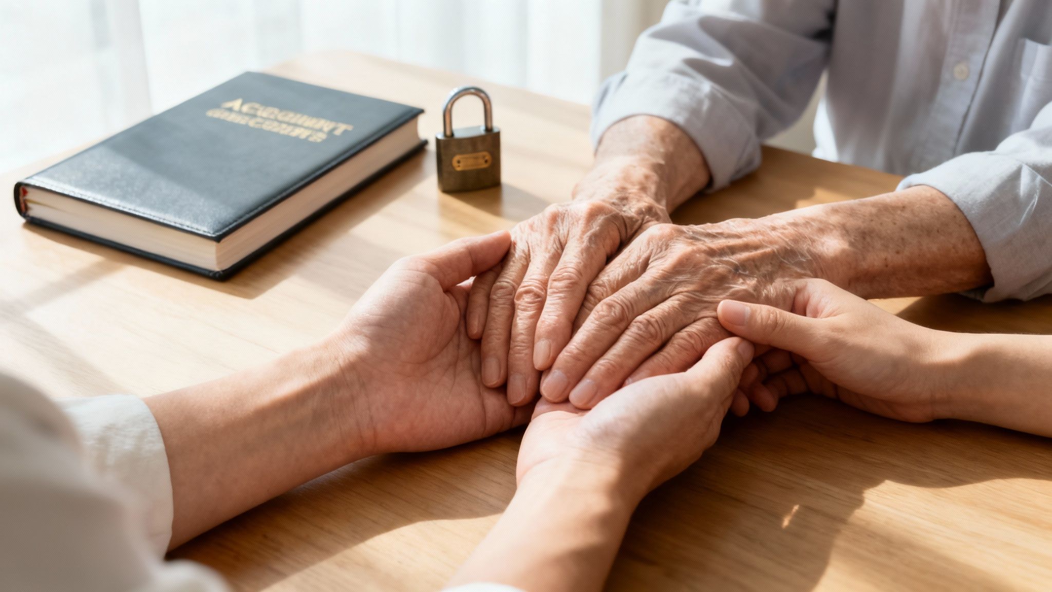 Cuidado intergeneracional: manos jóvenes y mayores unidas sobre una mesa de madera con un libro y un candado.