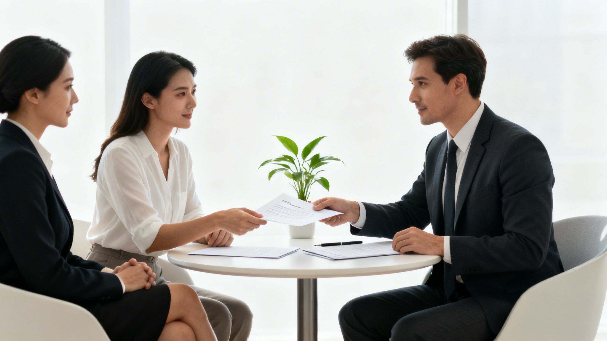Three professionals, two women and one man, exchange documents during a business meeting.