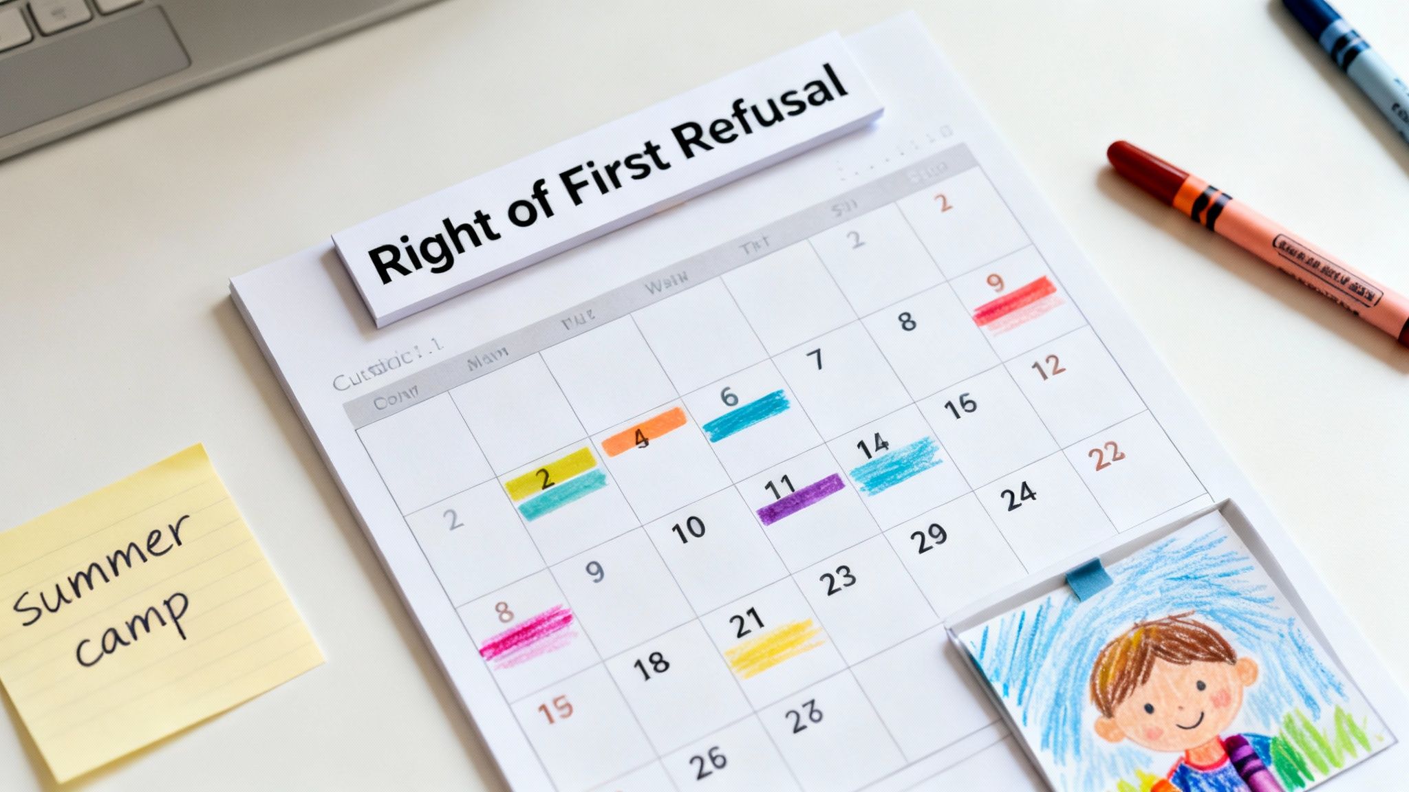 Two parents talking calmly at a table with a laptop, customizing their child custody agreement template together.