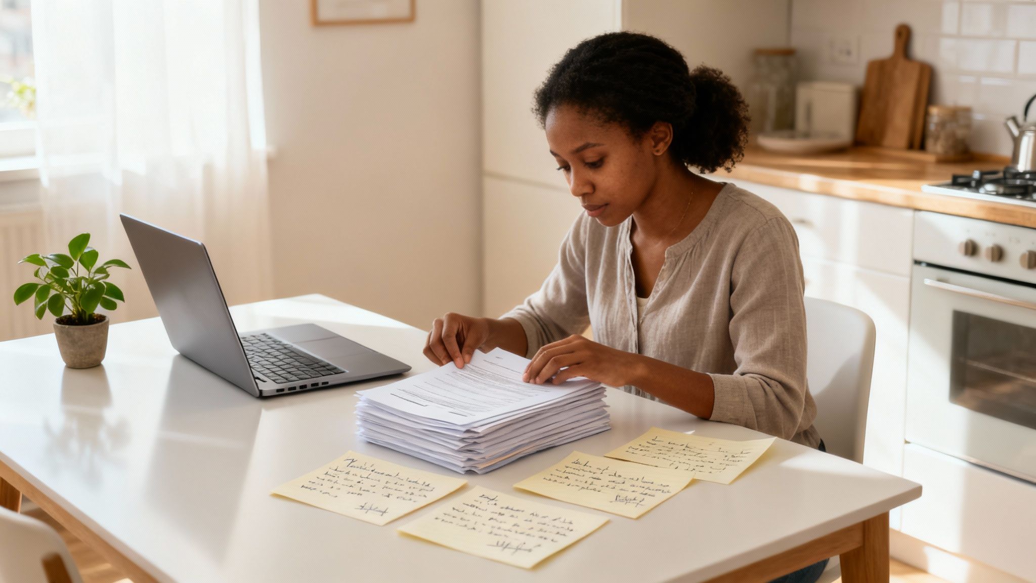 A focused woman sorts through a large stack of documents and notes at a table with a laptop.