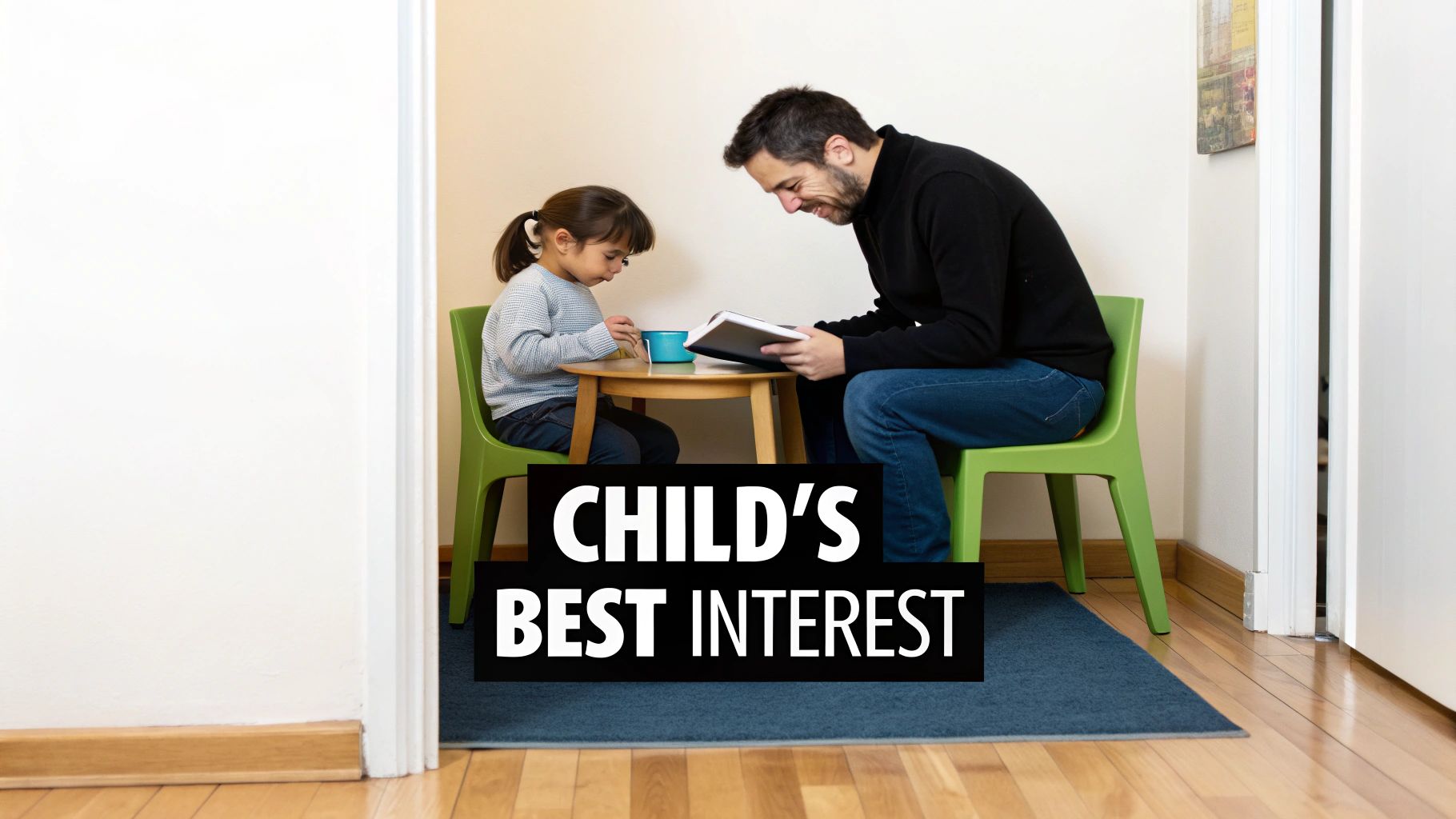 A father and his child sitting on a couch, reading a book together in a warm, well-lit living room.