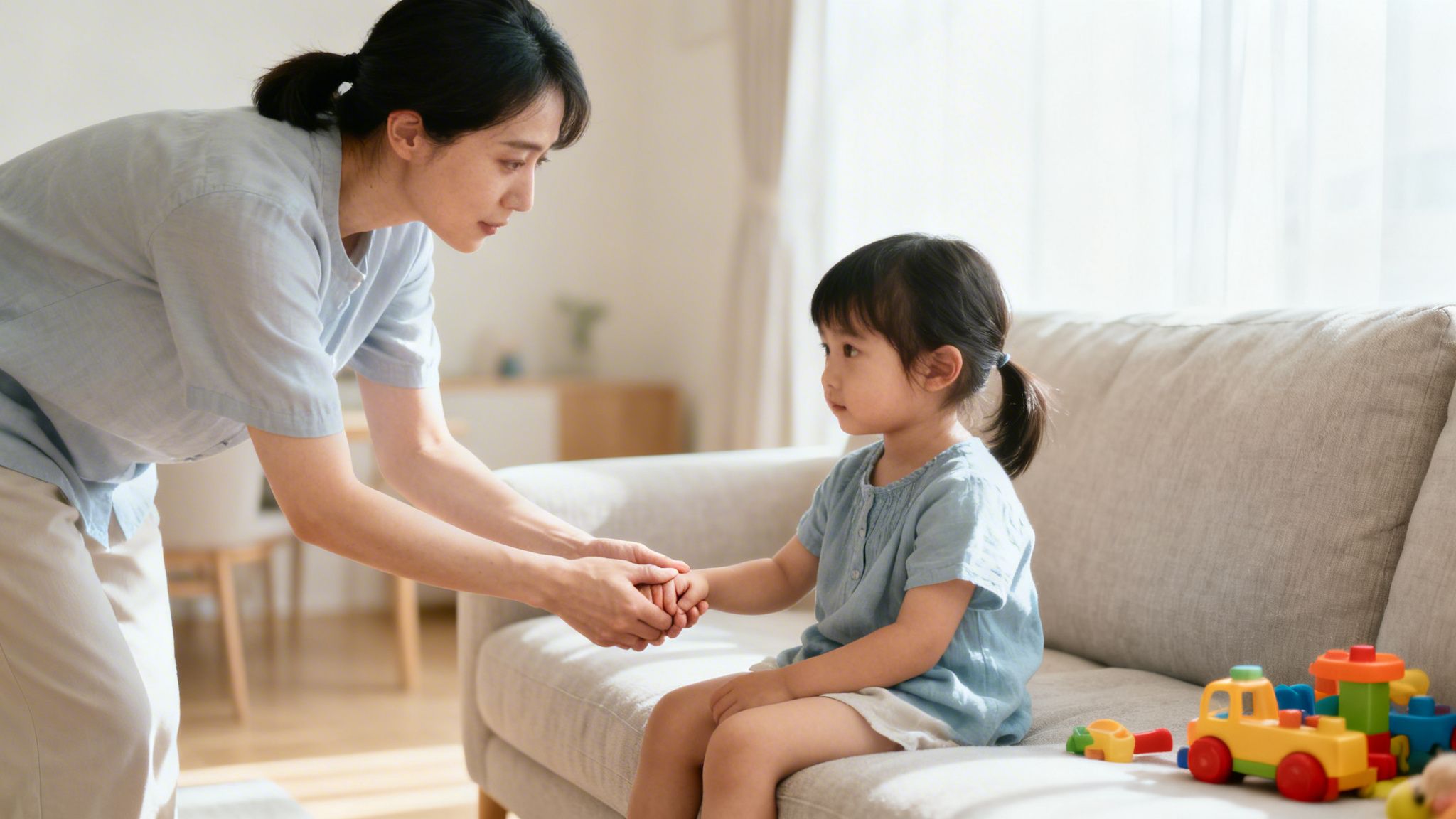 Madre asiática sosteniendo la mano de su hija sentada en el sofá con juguetes, en un hogar feliz.
