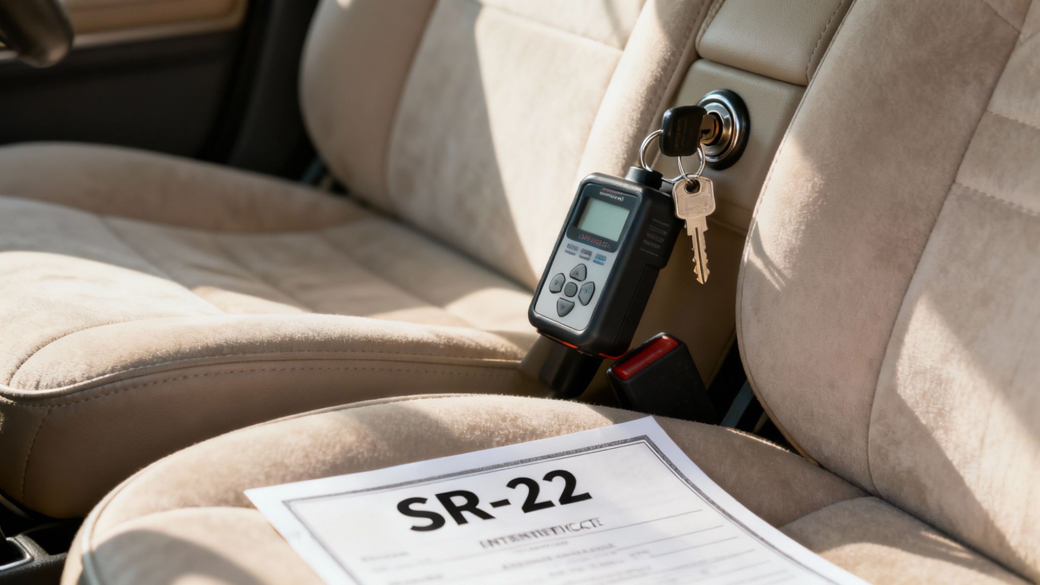 SR-22 certificate on car seat next to ignition interlock device and car keys, symbolizing requirements for obtaining an occupational license after a DWI in Texas.