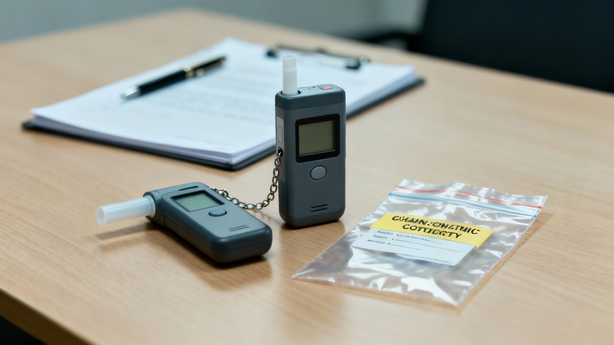 Two breathalyzer devices, paperwork, and a "chain of custody" evidence bag on a desk.