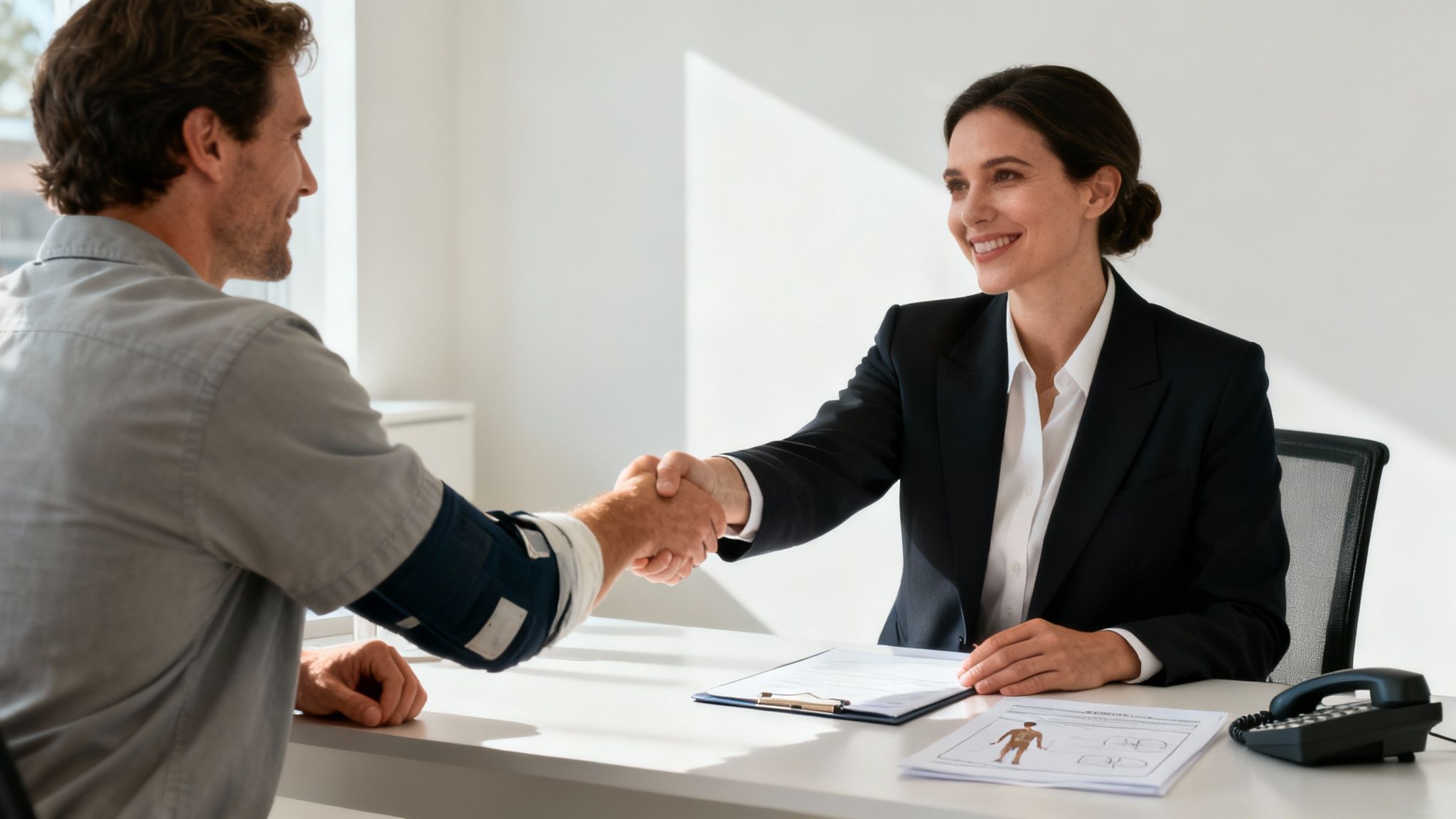 Professional attorney shaking hands with client during personal injury consultation meeting in office