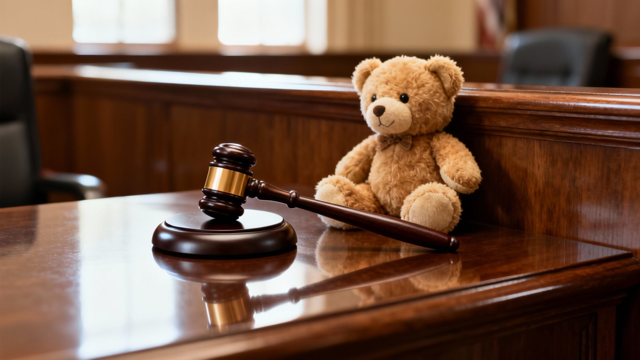 A judge's gavel and a brown teddy bear resting on a polished wooden desk in a courtroom setting.