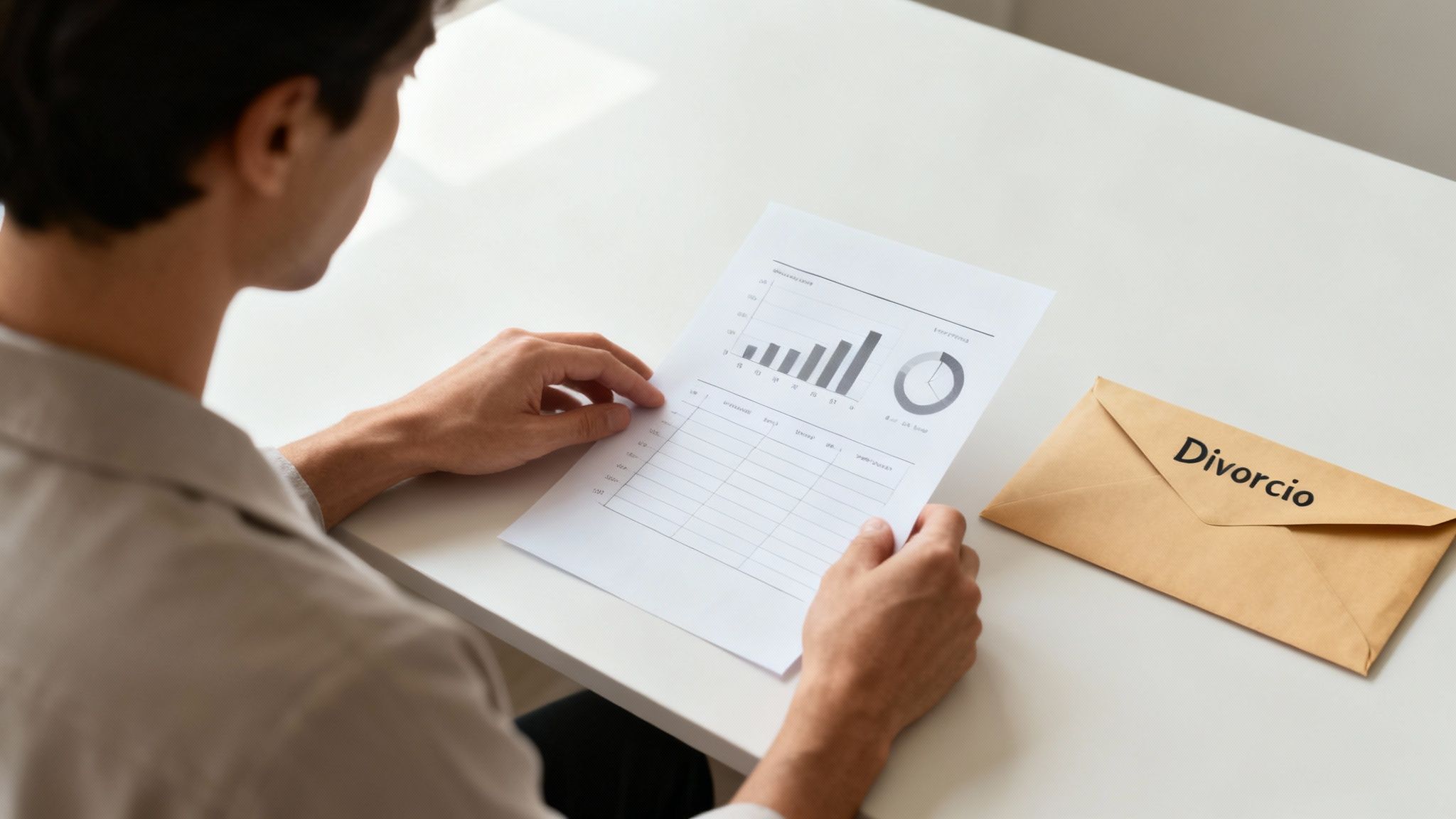 Persona revisando documentos financieros y gráficos con sobre de divorcio sobre mesa blanca