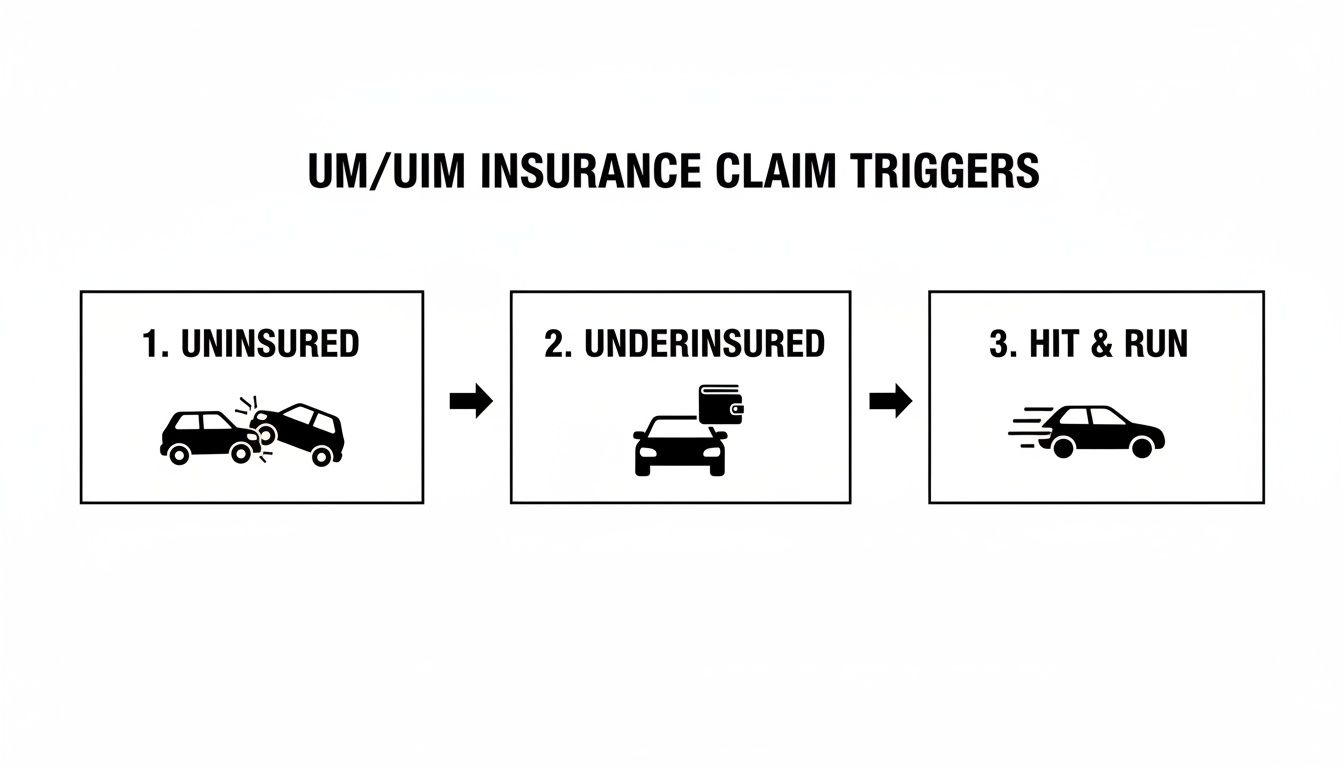 A flowchart illustrating three UM/UIM insurance claim triggers: uninsured, underinsured, and hit-and-run.