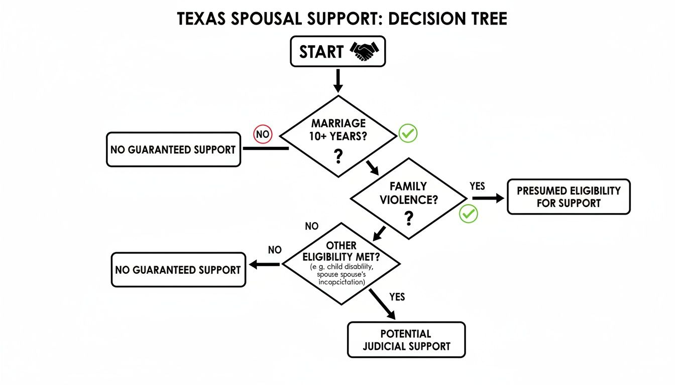 Flowchart outlining Texas spousal support eligibility criteria, addressing marriage duration, family violence, and other factors.