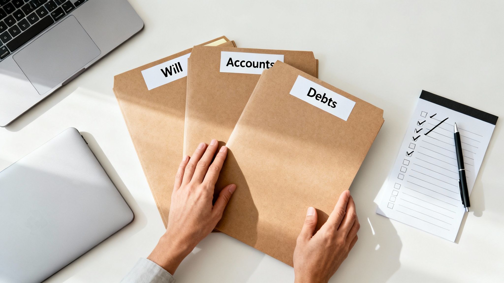 Hands organizing labeled folders for "Will," "Accounts," and "Debts," next to a checklist and laptop, illustrating the importance of organization in managing probate attorney fees in Texas.