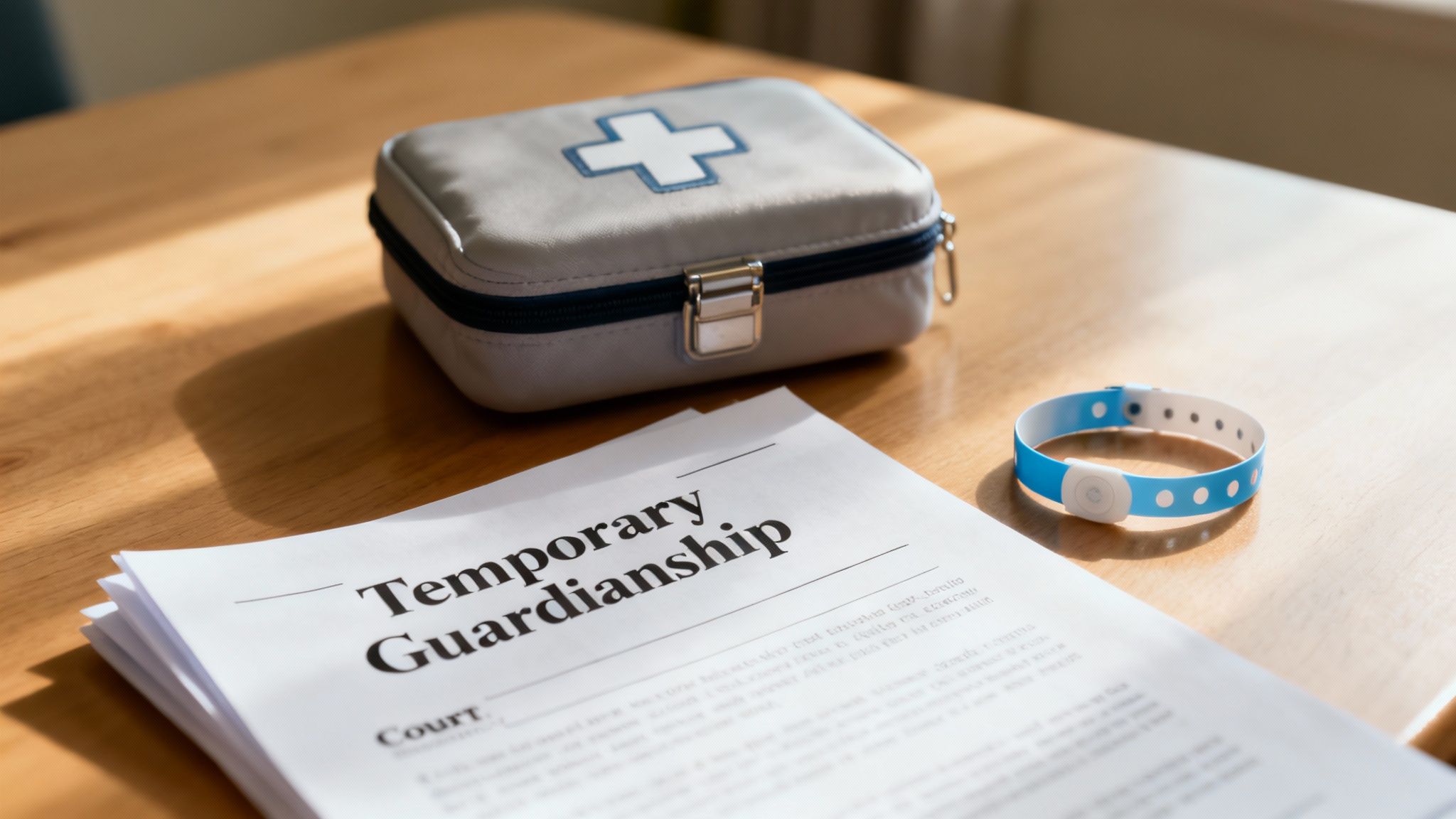 Temporary guardianship document on a wooden table, alongside a first-aid kit and a blue medical alert bracelet, symbolizing urgent legal protection for vulnerable individuals in Texas.