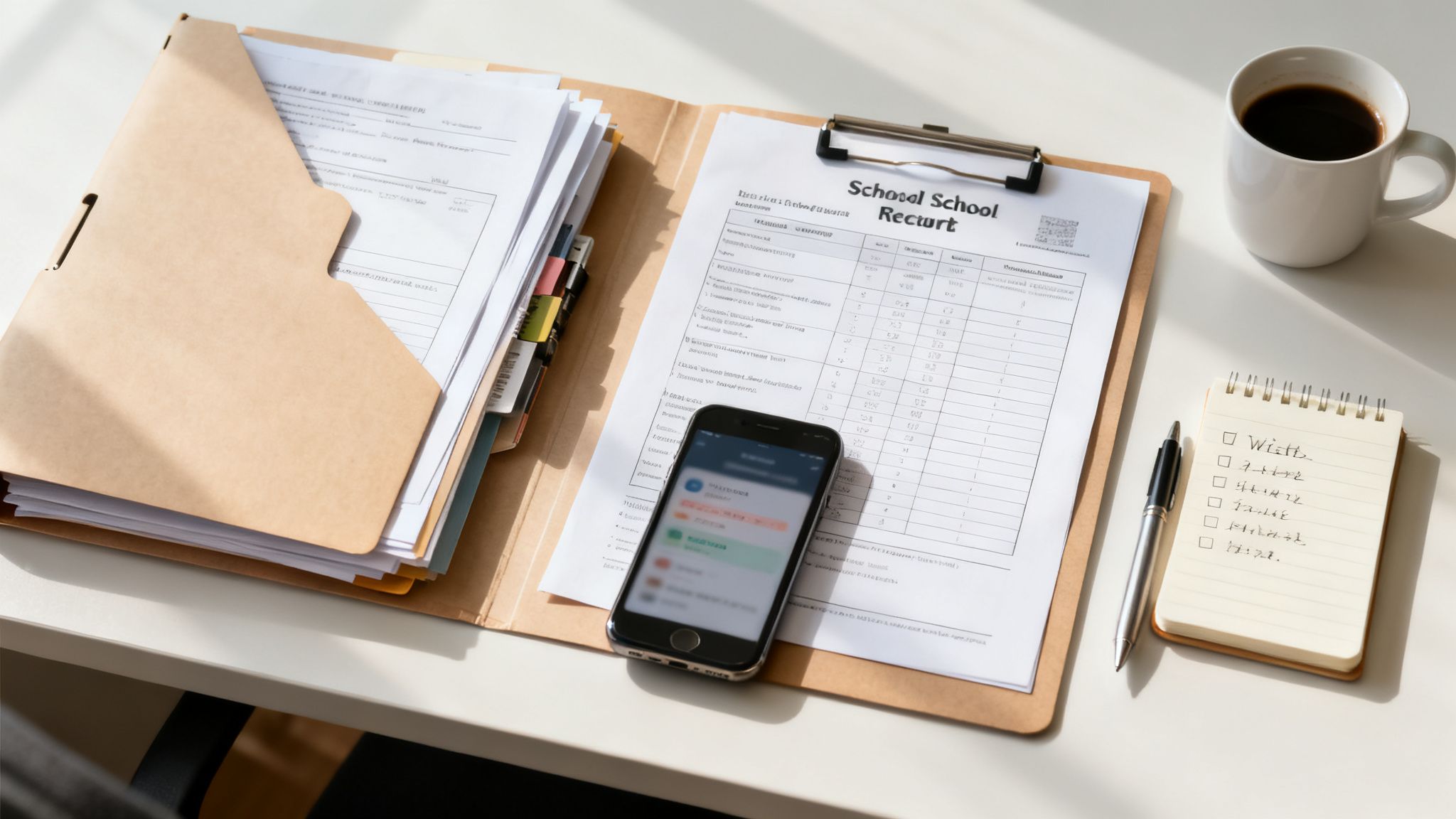 An overhead shot of an organized desk with documents, a clipboard, smartphone, coffee, and a checklist notepad.