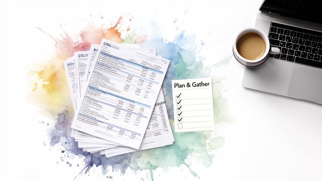 Desk setup with paperwork, a planning checklist, a laptop, and a cup of coffee.