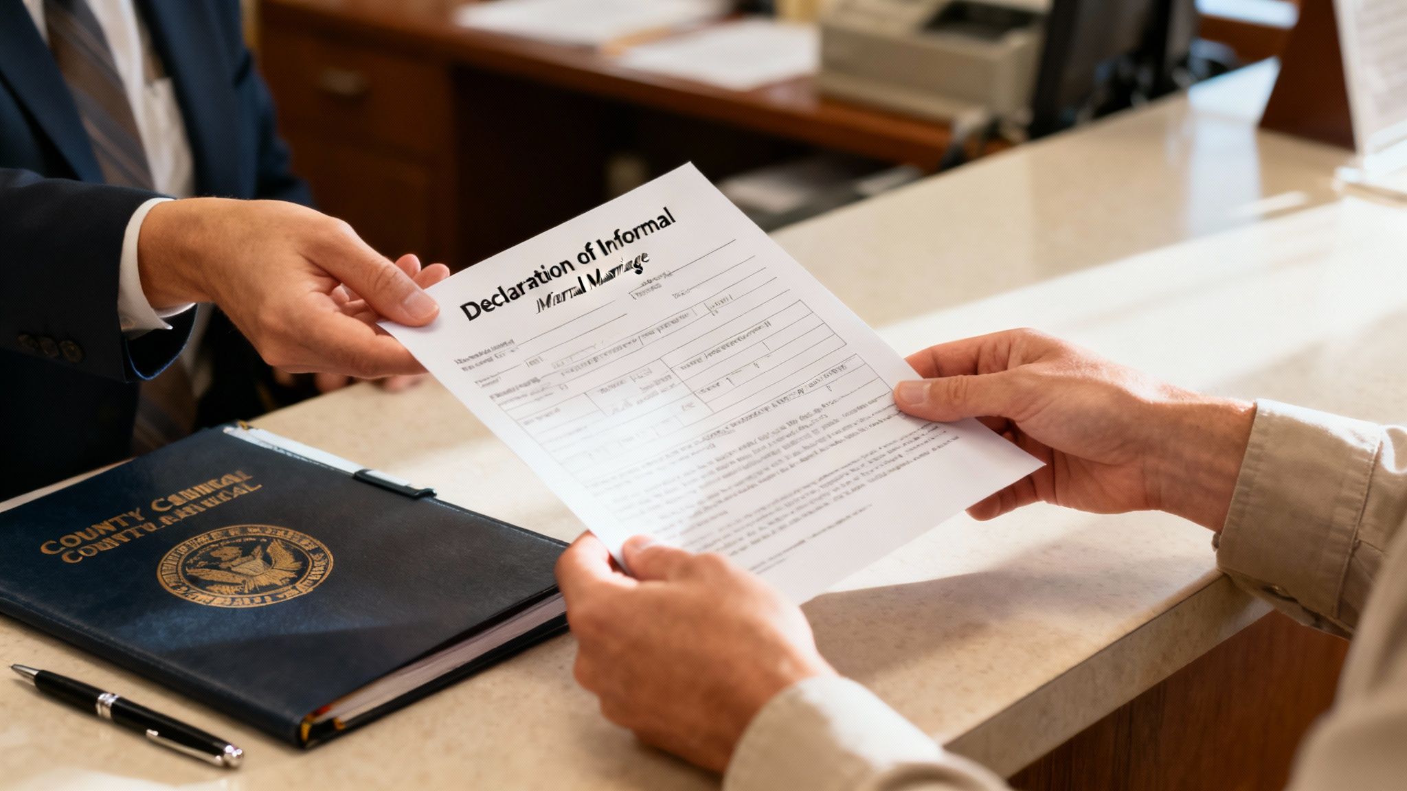 A person signing a legal document on a wooden desk, symbolizing the formalization of a common law marriage.