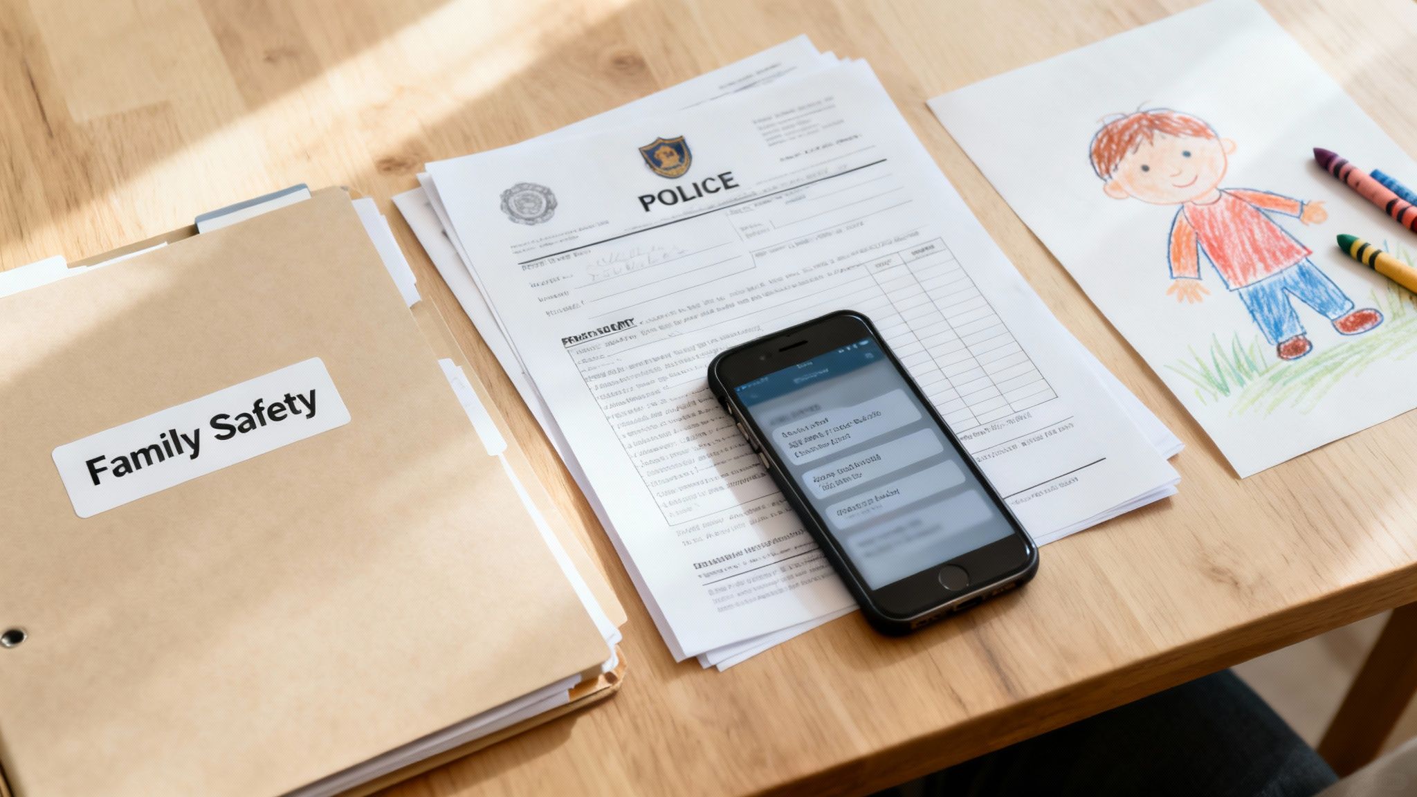 A folder labeled 'Family Safety' on a wooden desk with police forms, a smartphone, a child's drawing, and crayons.
