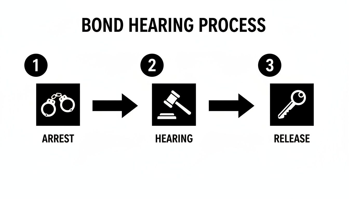 Diagram illustrating the three steps of a bond hearing process: arrest, hearing, and release.