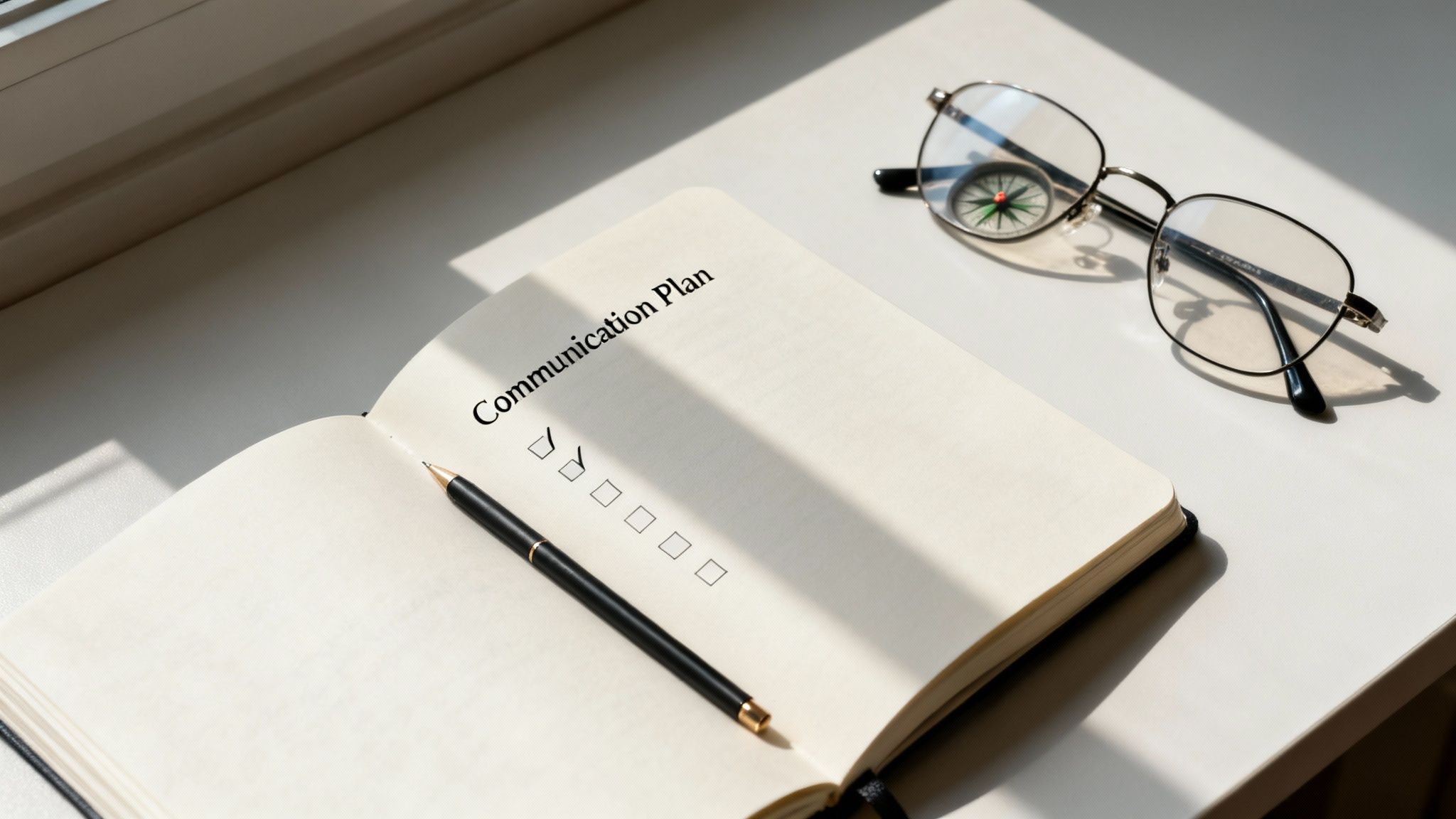 Open notebook with 'Communication Plan' and a checklist, a pen, and glasses with a compass on a sunlit table.