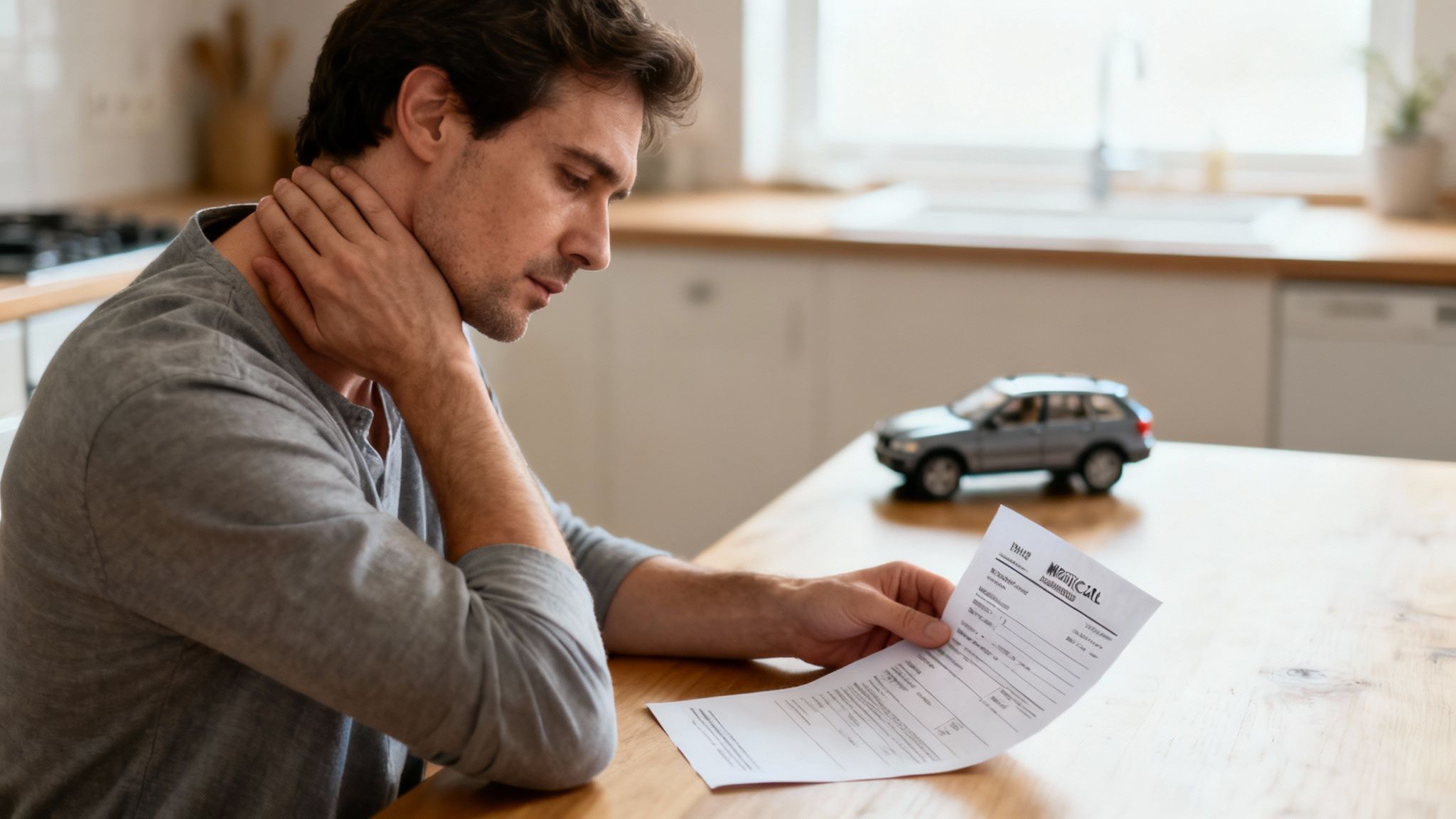 A man looking worried while reviewing a document, possibly a car insurance bill, on his kitchen table.